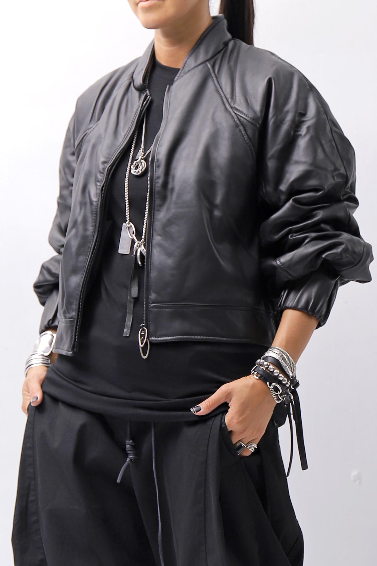 【DANIELE BASTA】 DOLMAN SLEEVE LEATHER SHORT BOMBER JACKET DB1301_BLACK