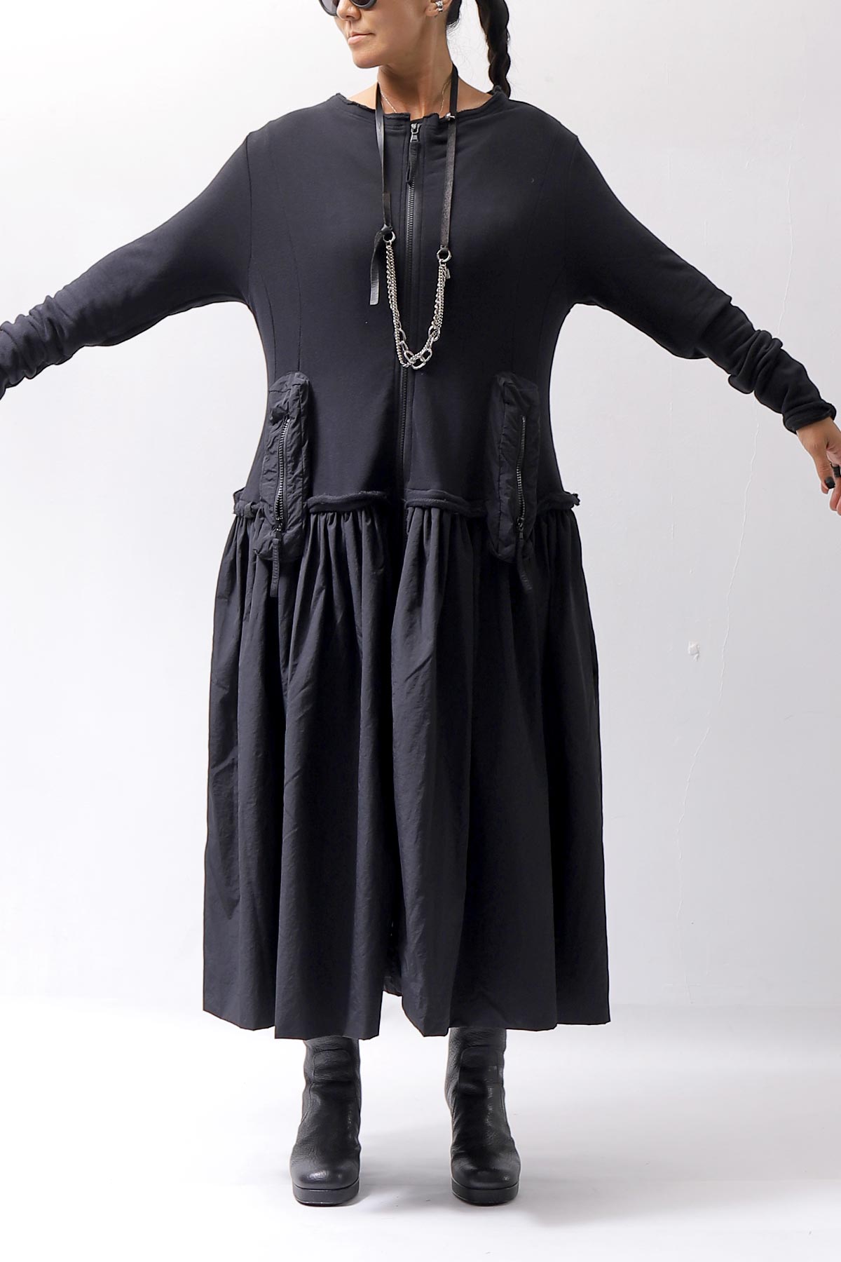 【RUNDHOLZ】 2WAY LIGHT SWEAT&NYLON LONG CARDIGAN DRESS 351 0924_BLACK