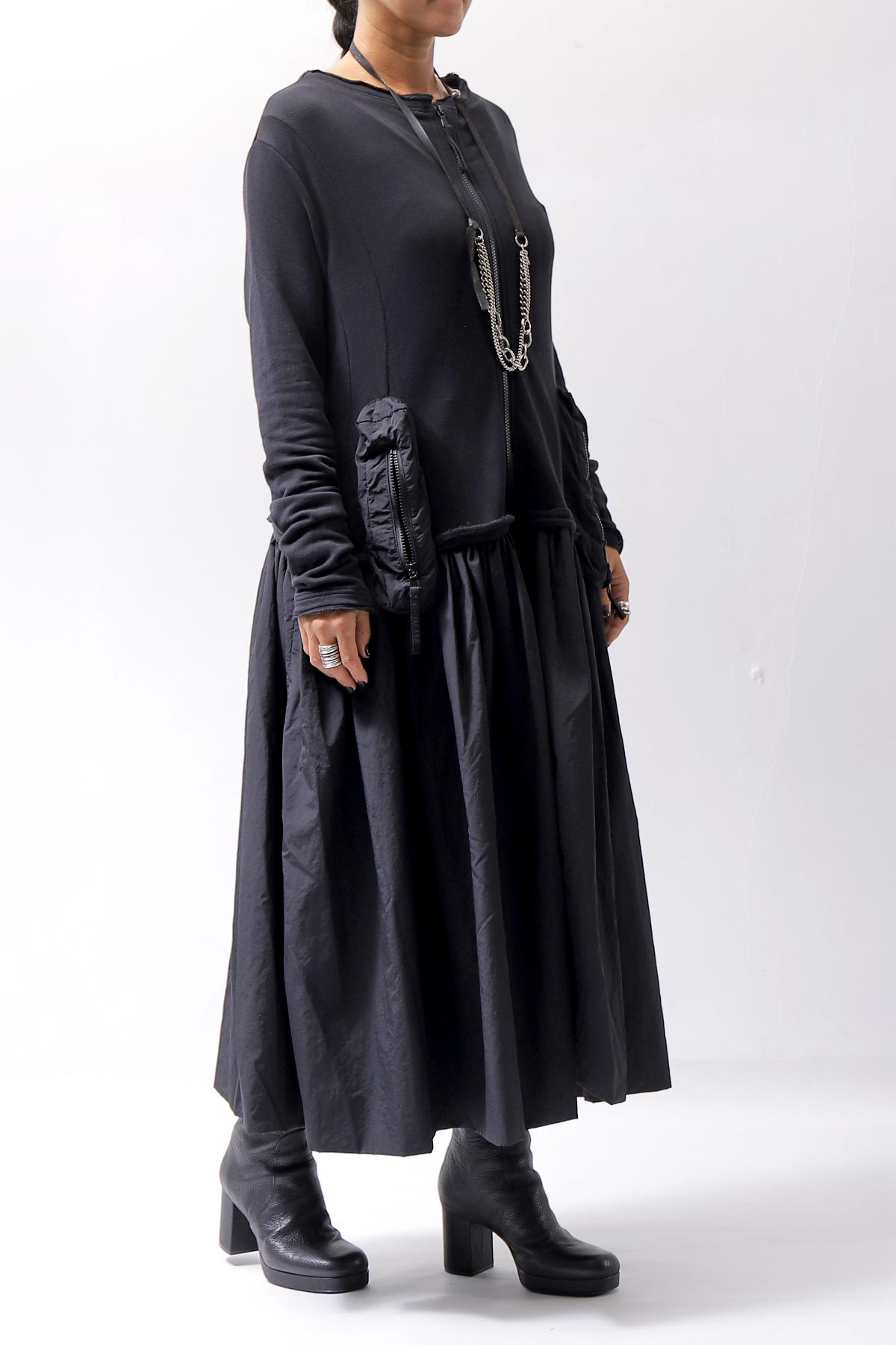 【RUNDHOLZ】 2WAY LIGHT SWEAT&NYLON LONG CARDIGAN DRESS 351 0924_BLACK