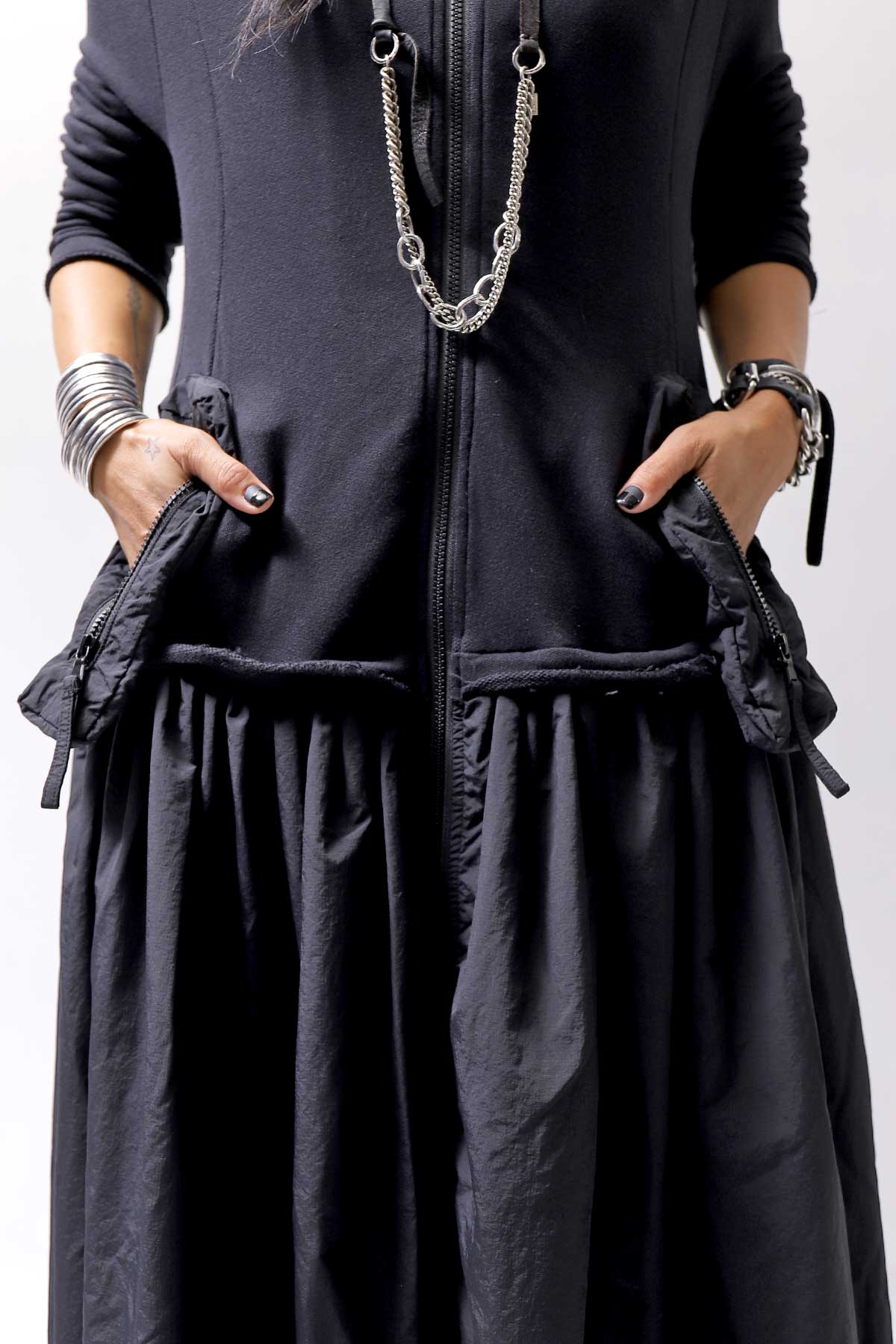 【RUNDHOLZ】 2WAY LIGHT SWEAT&NYLON LONG CARDIGAN DRESS 351 0924_BLACK