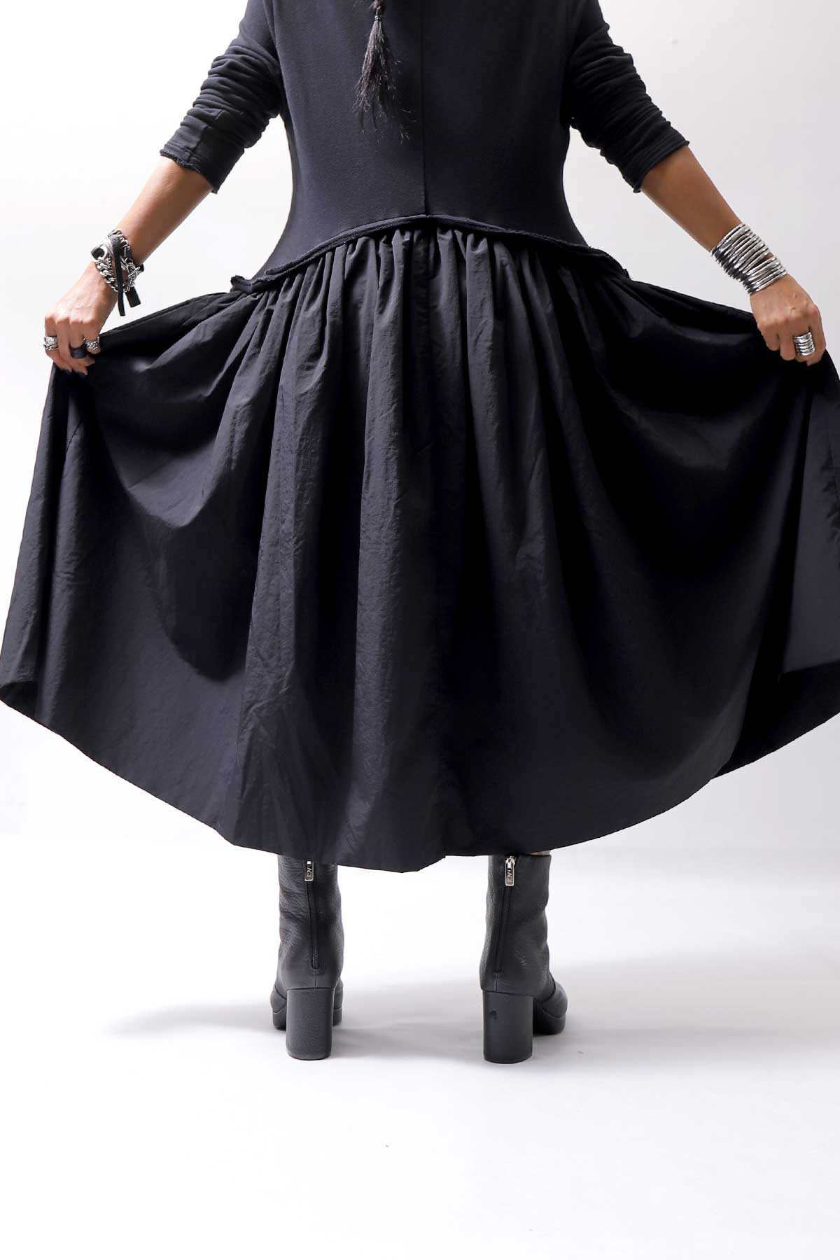 【RUNDHOLZ】 2WAY LIGHT SWEAT&NYLON LONG CARDIGAN DRESS 351 0924_BLACK