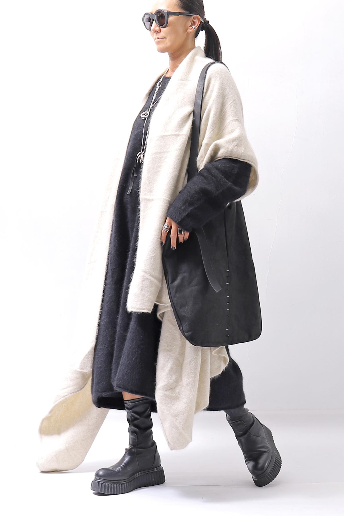 【RUNDHOLZ】 UNISEX RACCOON MULTI CARDIGAN COAT KNIT 141 7709_BONE MEL