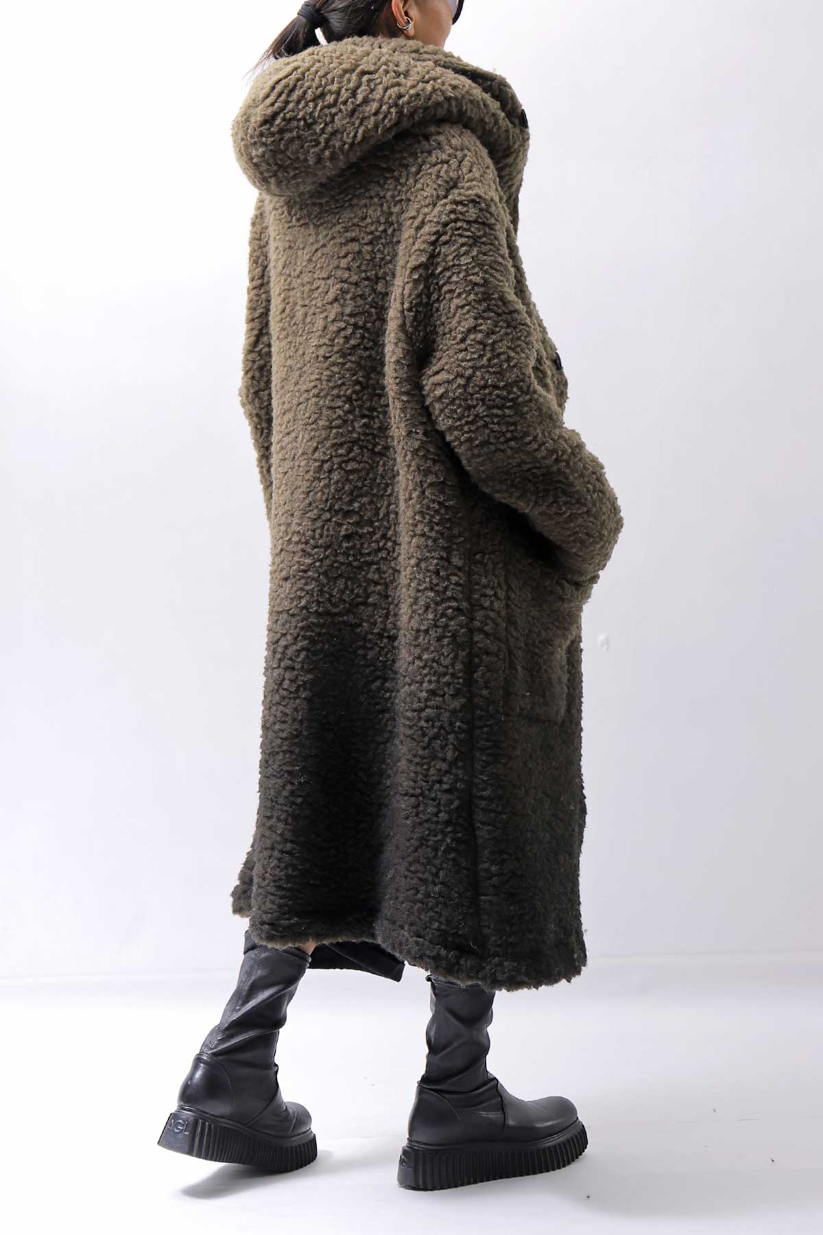 【NOSTRASANTISSIMA】 UNISEX VIRGIN BOA KNIT HOODED COAT_KHAKI BROWN