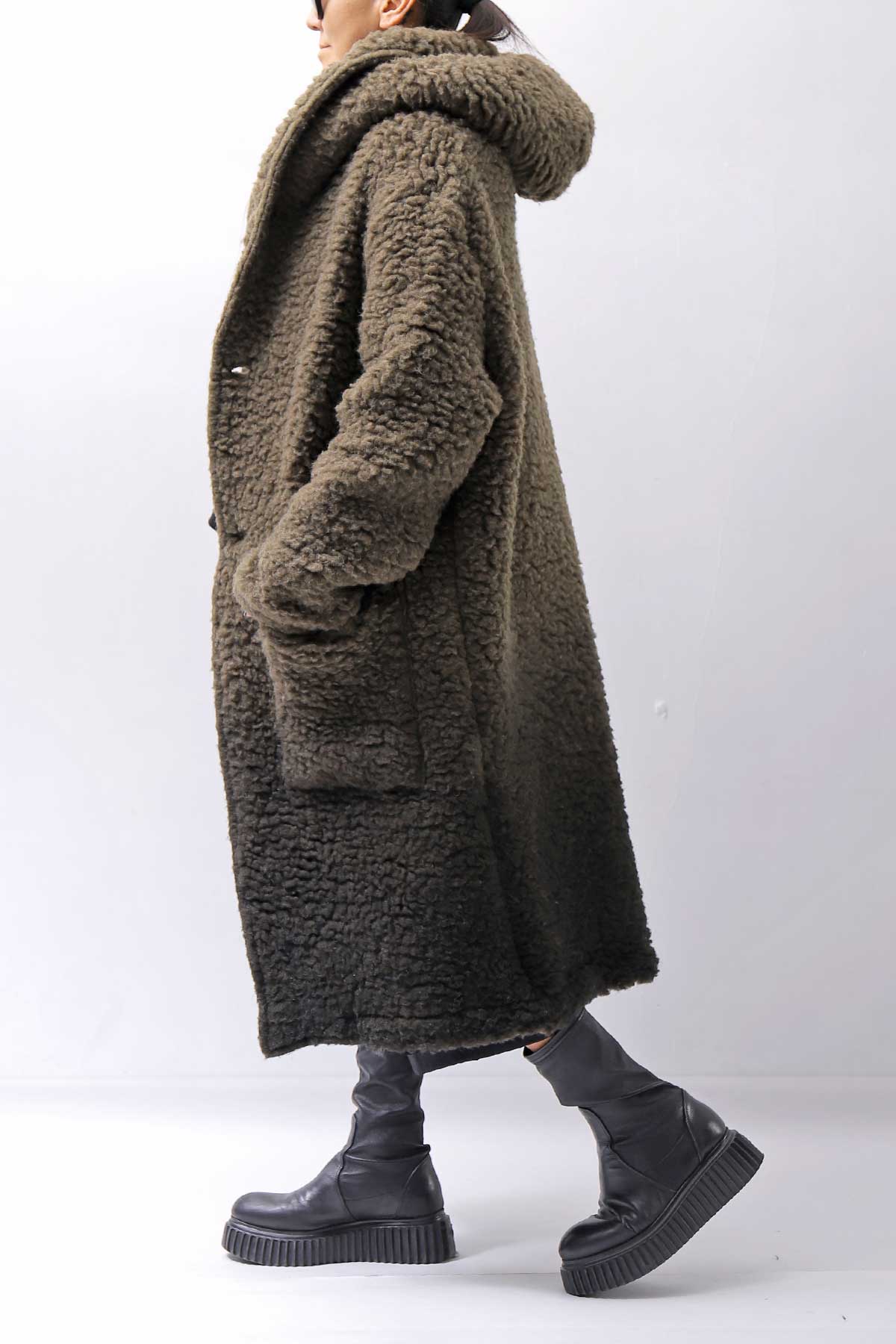【NOSTRASANTISSIMA】 UNISEX VIRGIN BOA KNIT HOODED COAT_KHAKI BROWN