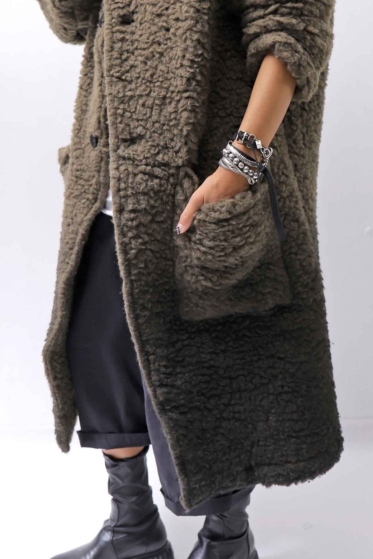【NOSTRASANTISSIMA】 UNISEX VIRGIN BOA KNIT HOODED COAT_KHAKI BROWN