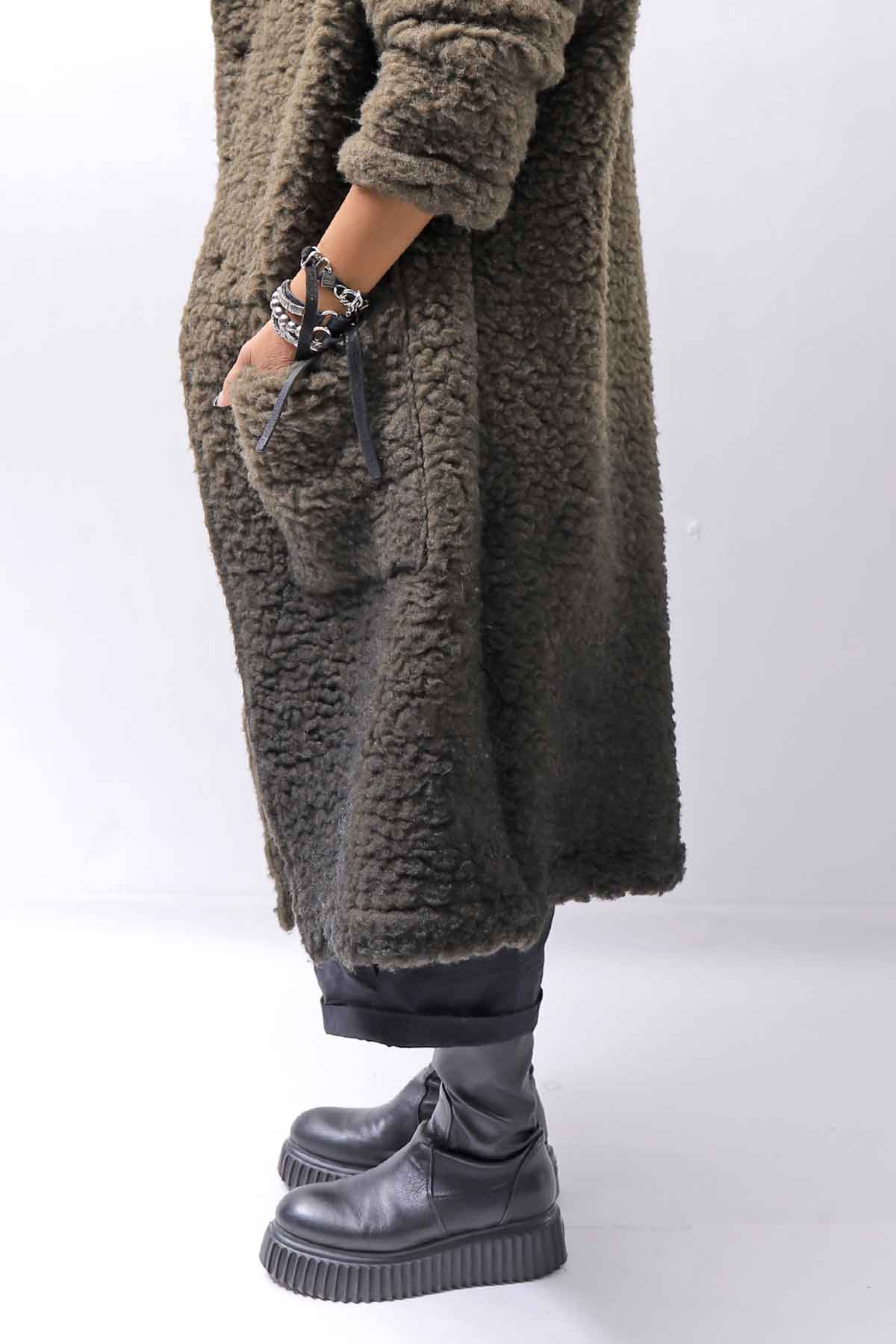 【NOSTRASANTISSIMA】 UNISEX VIRGIN BOA KNIT HOODED COAT_KHAKI BROWN