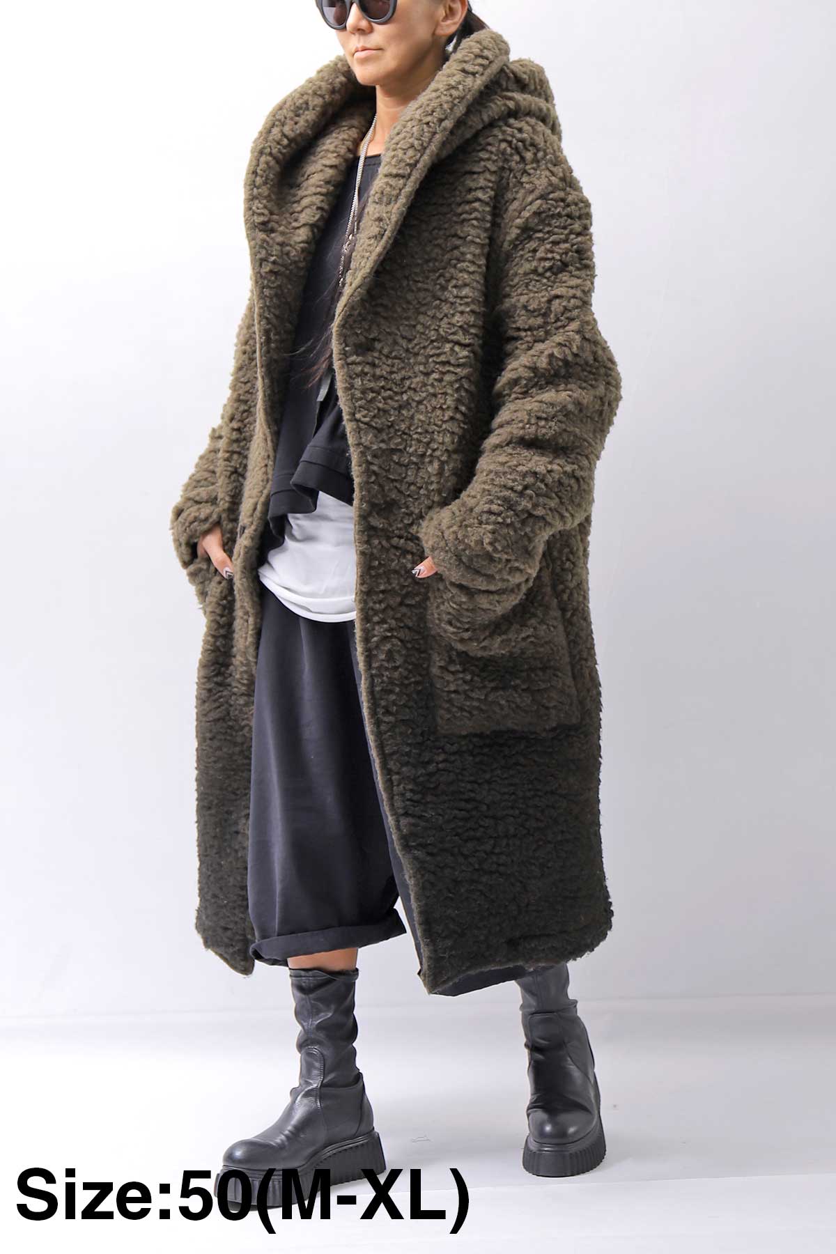 【NOSTRASANTISSIMA】 UNISEX VIRGIN BOA KNIT HOODED COAT_KHAKI BROWN