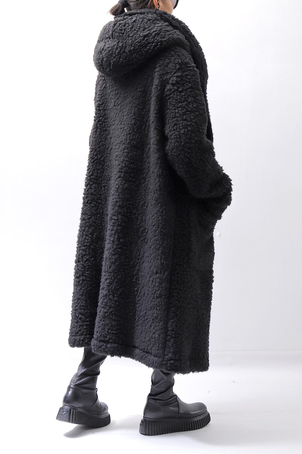 【NOSTRASANTISSIMA】 UNISEX VIRGIN BOA KNIT HOODED COAT_BLACK
