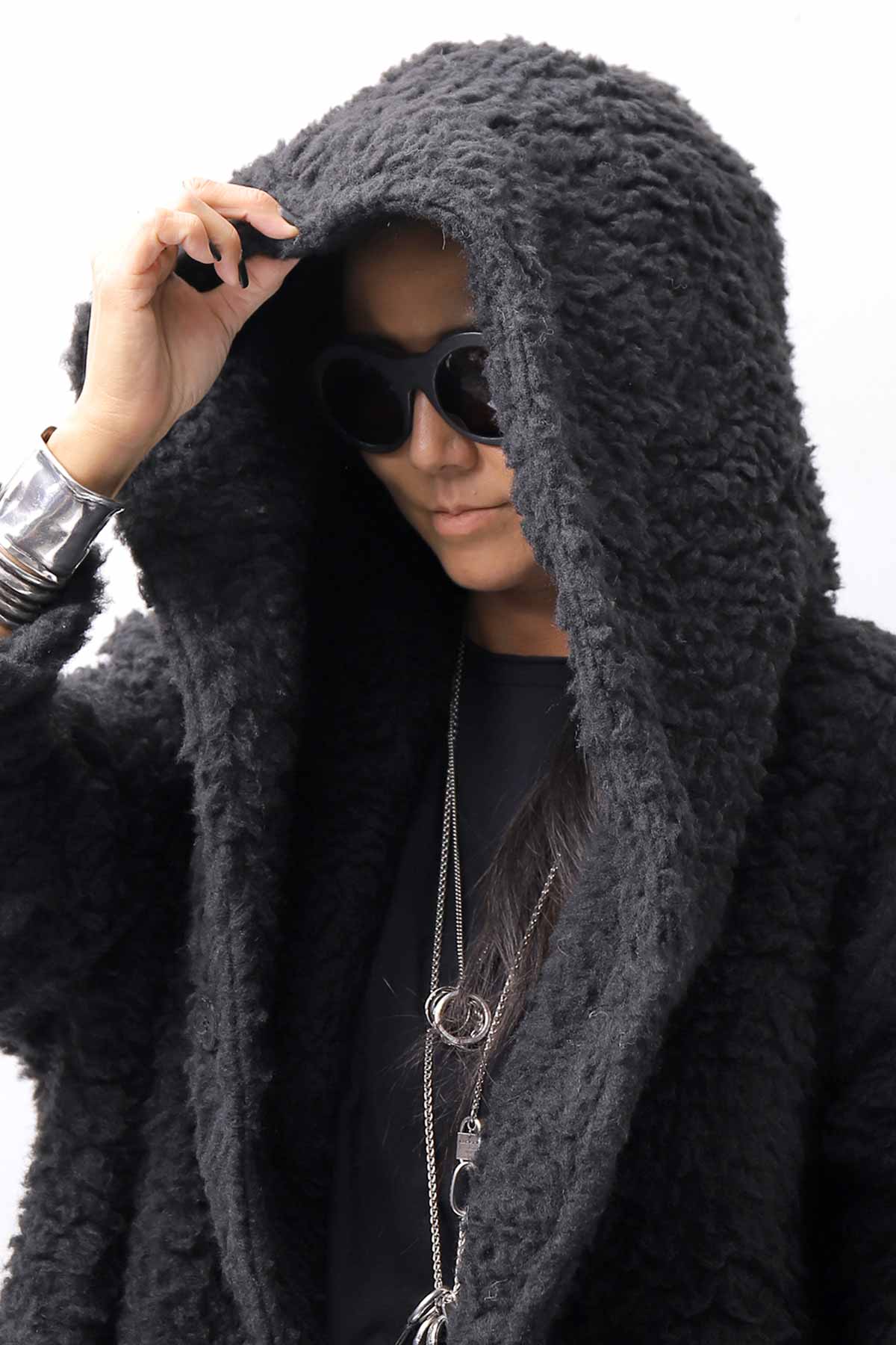 【NOSTRASANTISSIMA】 UNISEX VIRGIN BOA KNIT HOODED COAT_BLACK