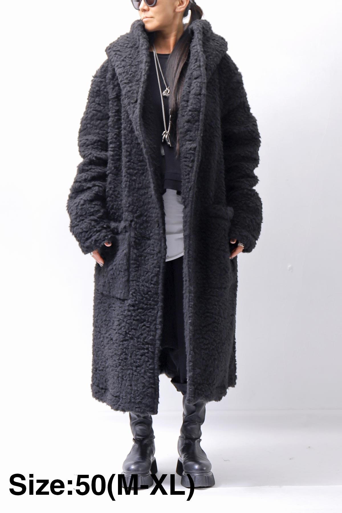 【NOSTRASANTISSIMA】 UNISEX VIRGIN BOA KNIT HOODED COAT_BLACK