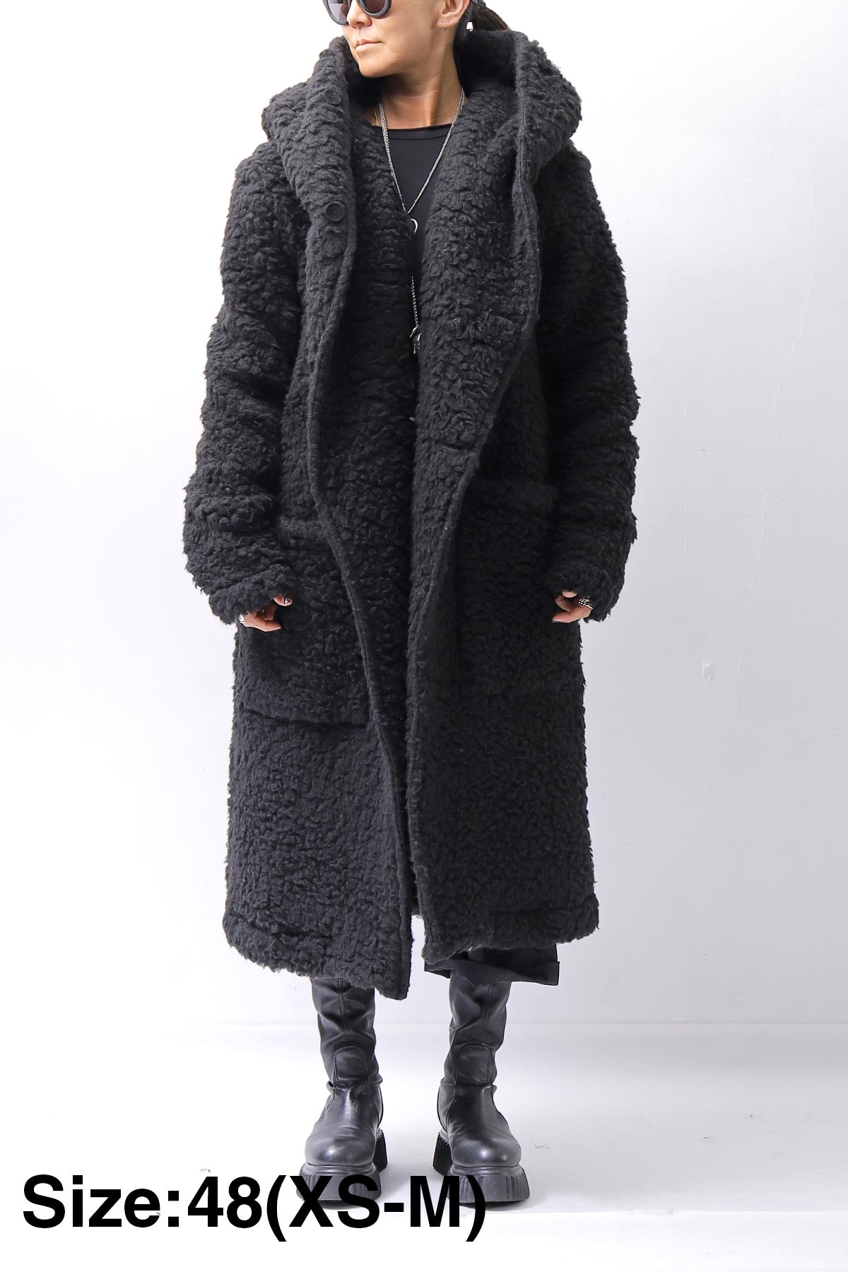 【NOSTRASANTISSIMA】 UNISEX VIRGIN BOA KNIT HOODED COAT_BLACK
