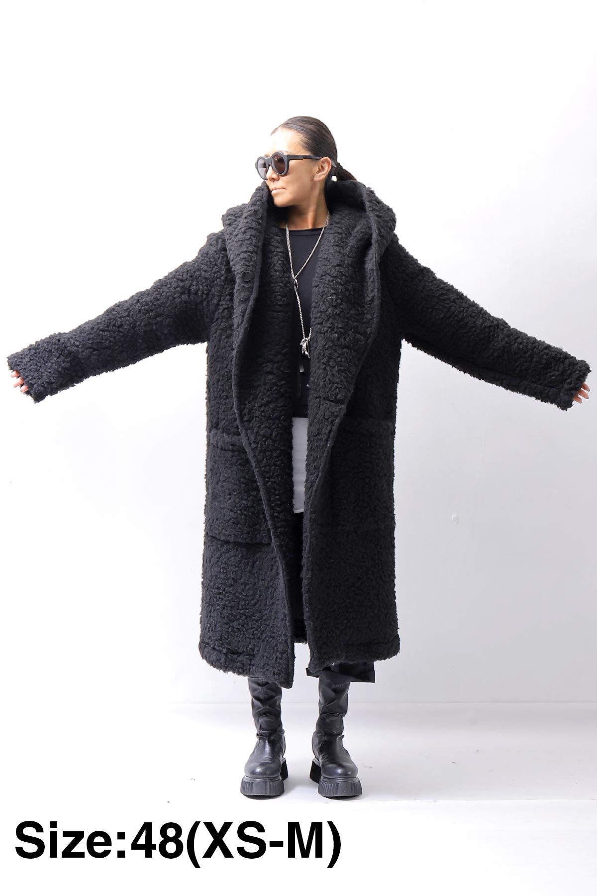【NOSTRASANTISSIMA】 UNISEX VIRGIN BOA KNIT HOODED COAT_BLACK