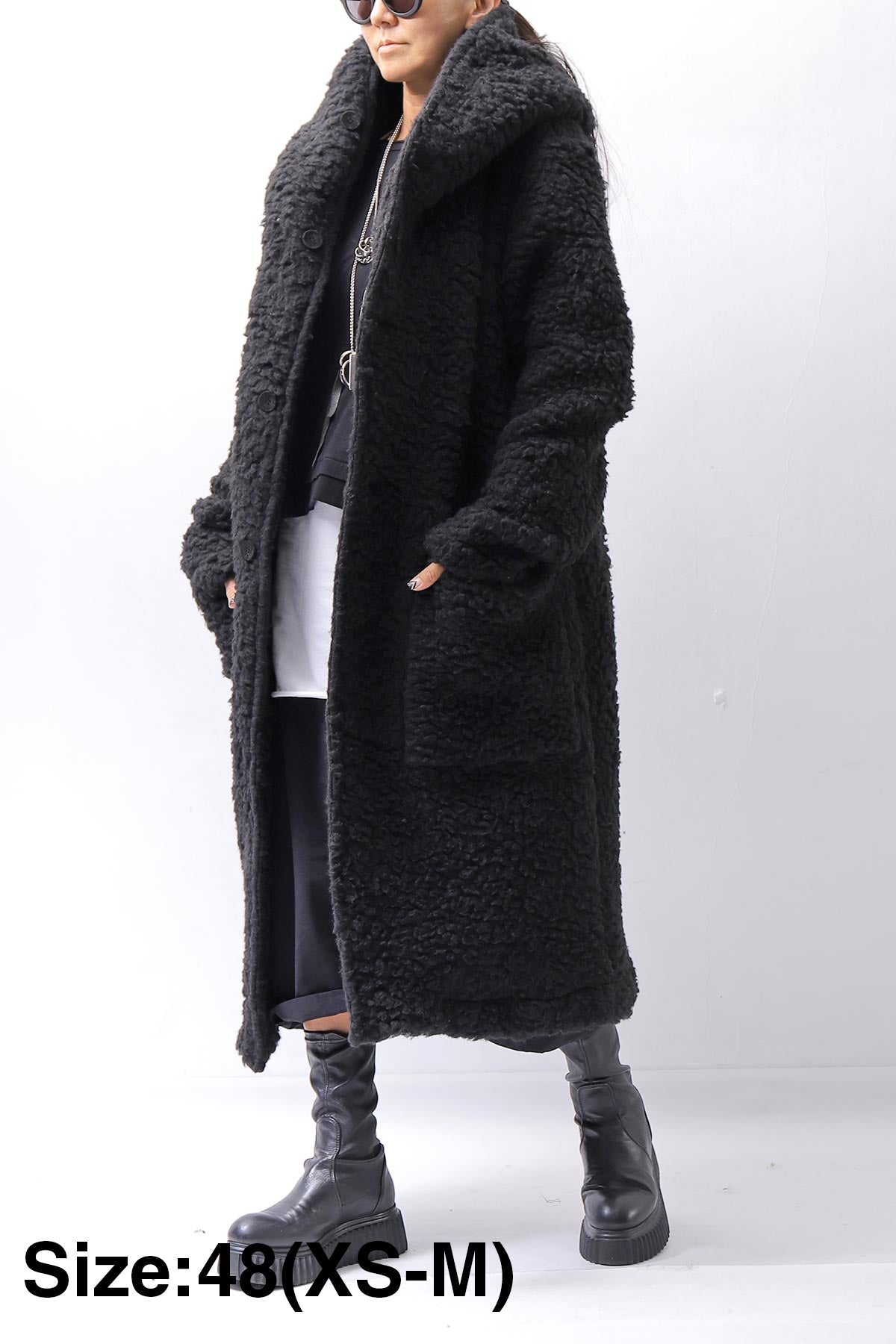 【NOSTRASANTISSIMA】 UNISEX VIRGIN BOA KNIT HOODED COAT_BLACK