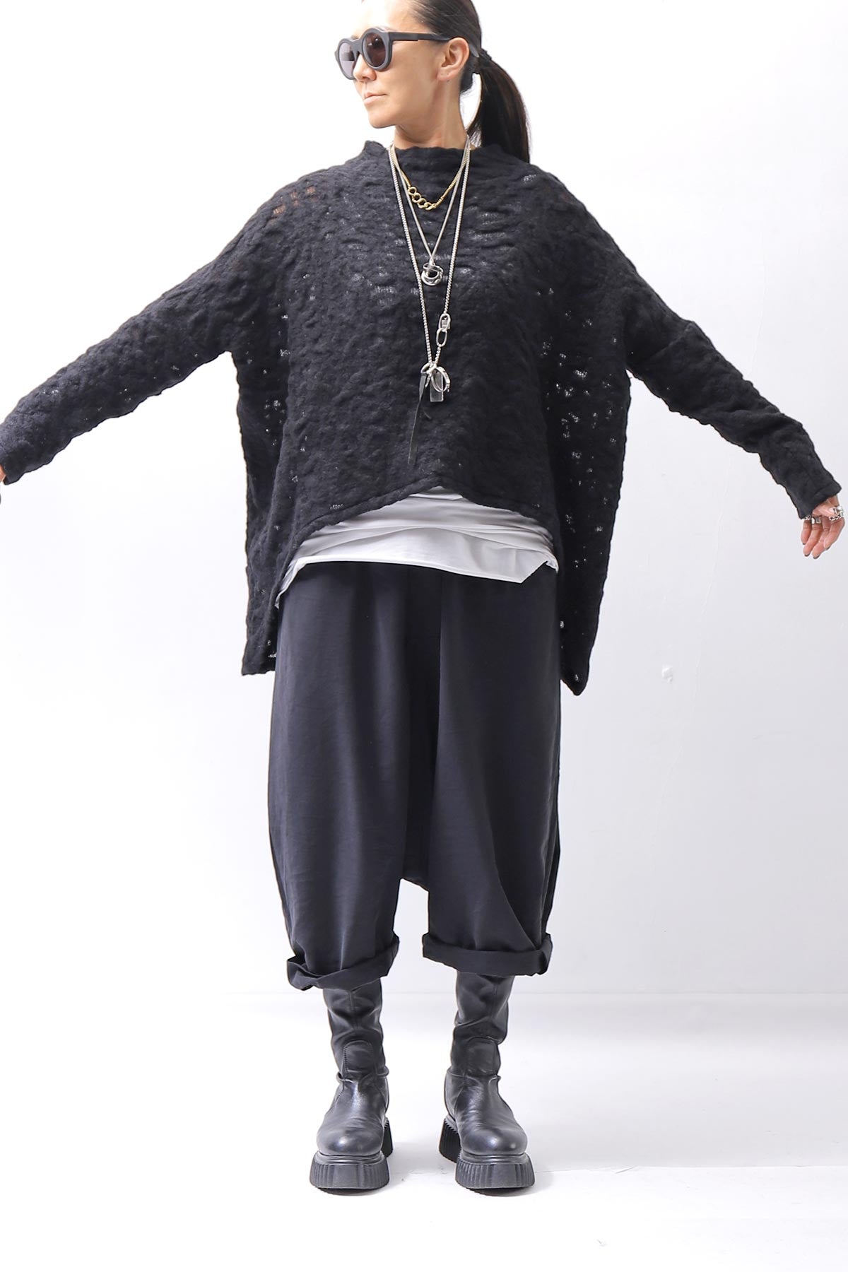 【NOSTRASANTISSIMA】 ASYMMETRY JACQUARD KNIT TOP M114_BLACK