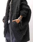 【NOSTRASANTISSIMA】 UNISEX OVERSIZED COCOON VIRGIN WOOL BOA KNIT CARDIGAN_BLACK