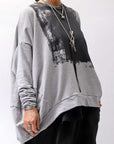 【bajra】 UNISEX BACK DRAPE& PRINTED LIGHT SWEAT TOP 159QK04_GREY PRINTED