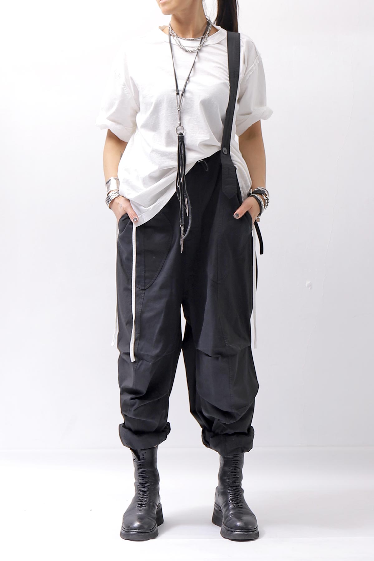 【Andrea Ya'aqov】 UNISEX 2WAY SHOULDER SALOPETTE PARACHUTE PANTS PAK71_BLACK