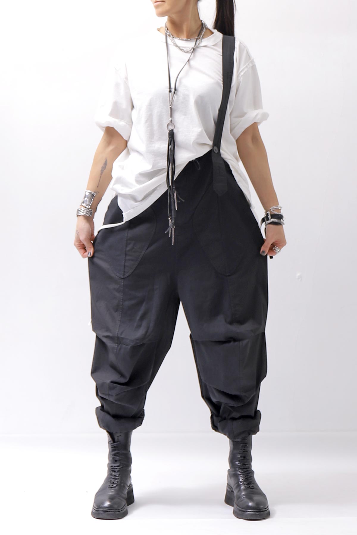 【Andrea Ya'aqov】 UNISEX 2WAY SHOULDER SALOPETTE PARACHUTE PANTS PAK71_BLACK
