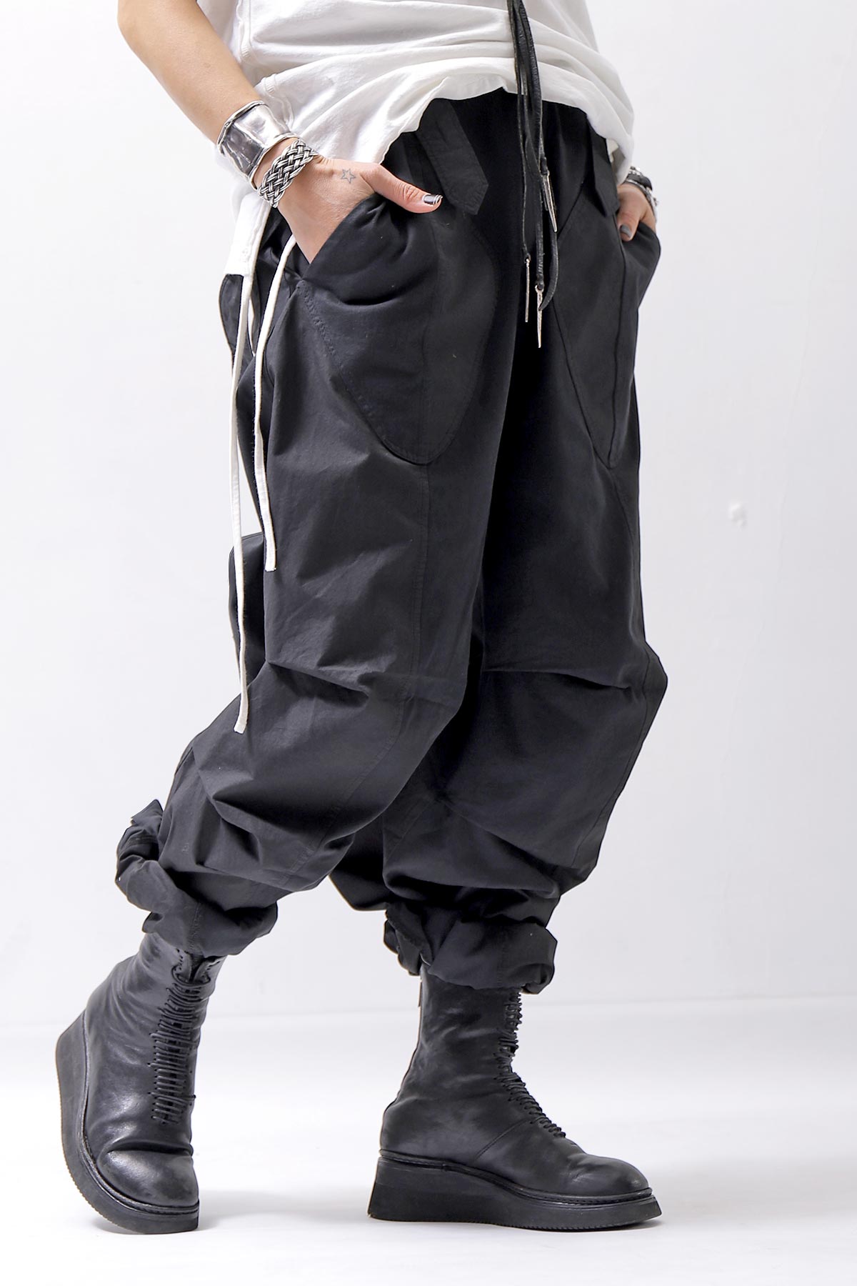 【Andrea Ya'aqov】 UNISEX 2WAY SHOULDER SALOPETTE PARACHUTE PANTS PAK71_BLACK