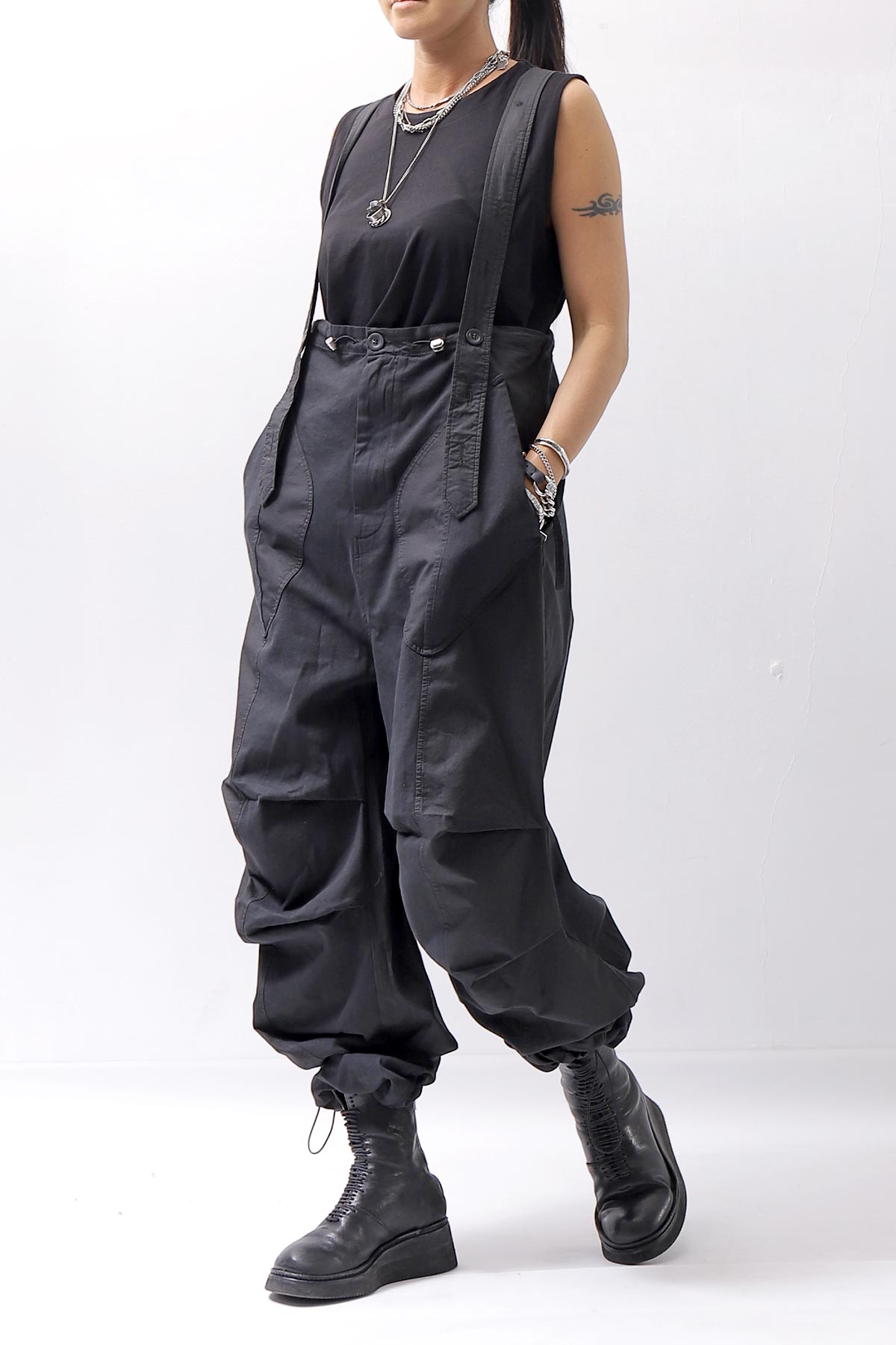【Andrea Ya'aqov】 UNISEX 2WAY SHOULDER SALOPETTE PARACHUTE PANTS PAK71_BLACK