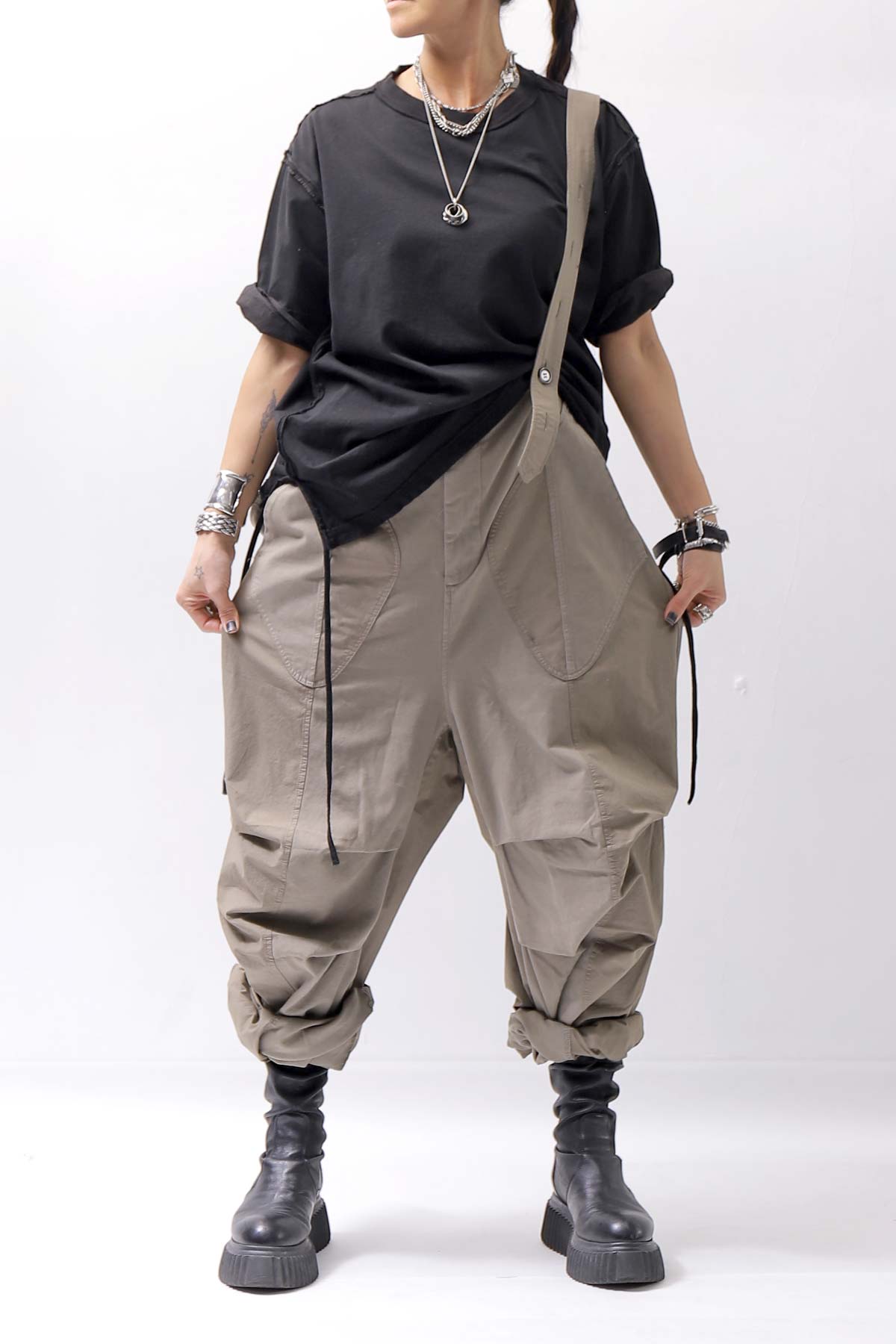 【Andrea Ya'aqov】 UNISEX 2WAY SHOULDER SALOPETTE PARACHUTE PANTS PAK71_OLIVE BEIGE