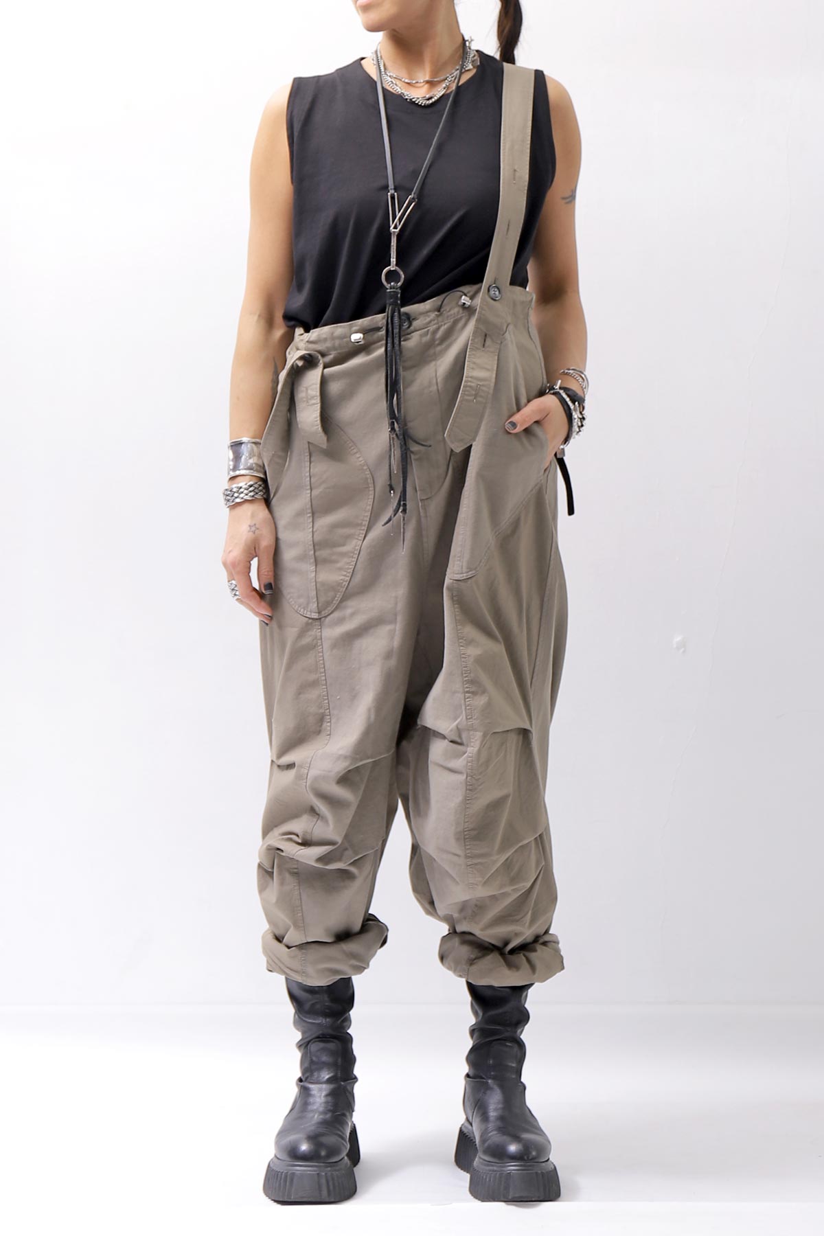 【Andrea Ya'aqov】 UNISEX 2WAY SHOULDER SALOPETTE PARACHUTE PANTS PAK71_OLIVE BEIGE