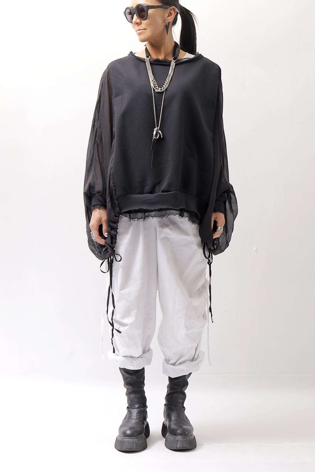 【sanctamuerte】 COTTON SWEAT & SILK CHIFFON SLEEVE TOP SM71_BLACK