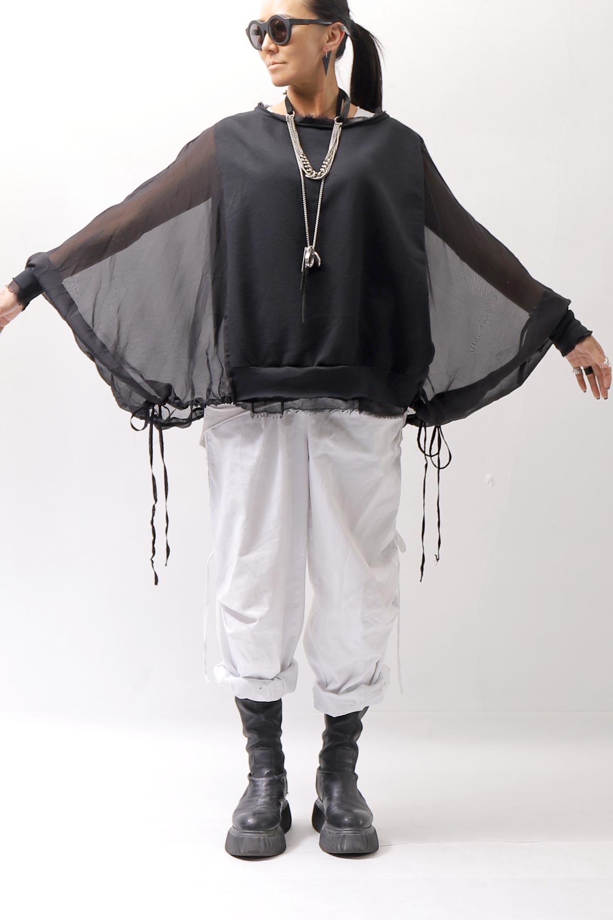 【sanctamuerte】 COTTON SWEAT & SILK CHIFFON SLEEVE TOP SM71_BLACK