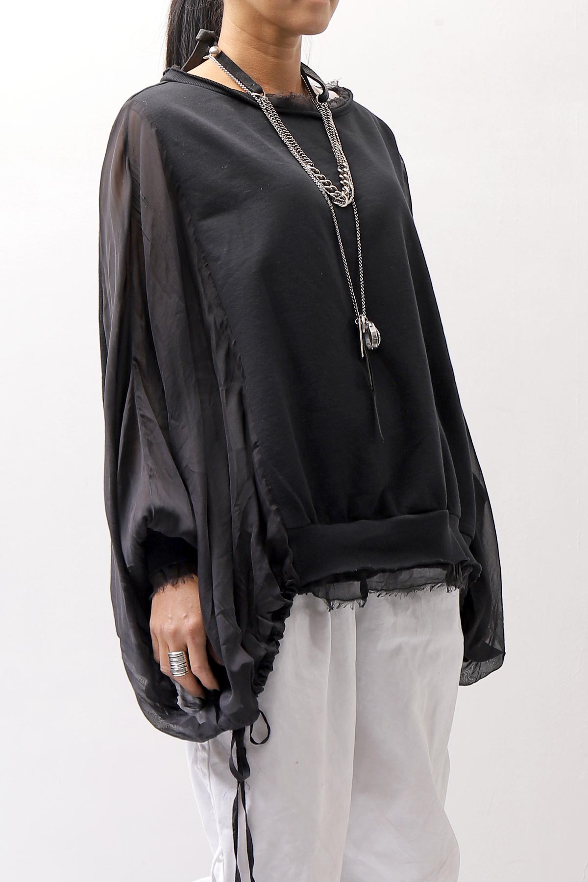 【sanctamuerte】 COTTON SWEAT & SILK CHIFFON SLEEVE TOP SM71_BLACK