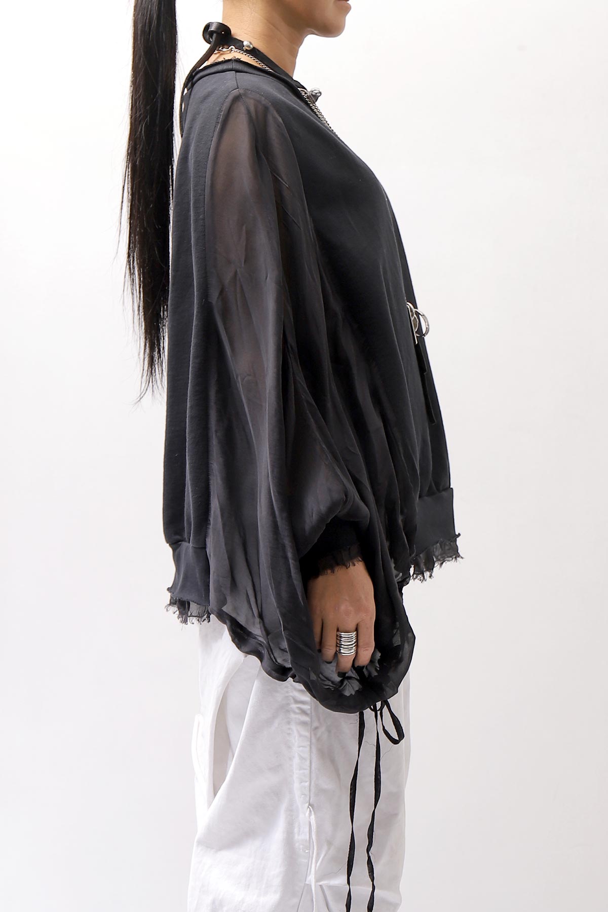 【sanctamuerte】 COTTON SWEAT & SILK CHIFFON SLEEVE TOP SM71_BLACK