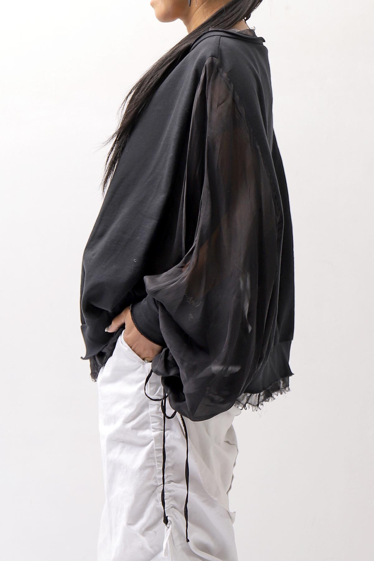 【sanctamuerte】 COTTON SWEAT & SILK CHIFFON SLEEVE TOP SM71_BLACK