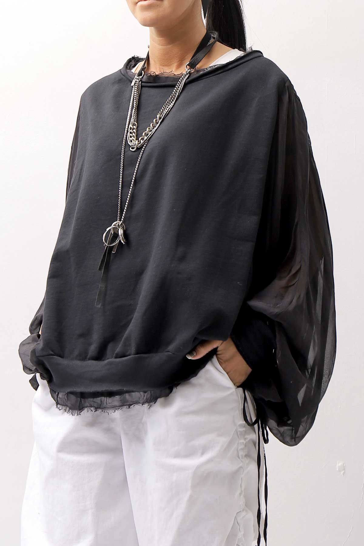 【sanctamuerte】 COTTON SWEAT & SILK CHIFFON SLEEVE TOP SM71_BLACK