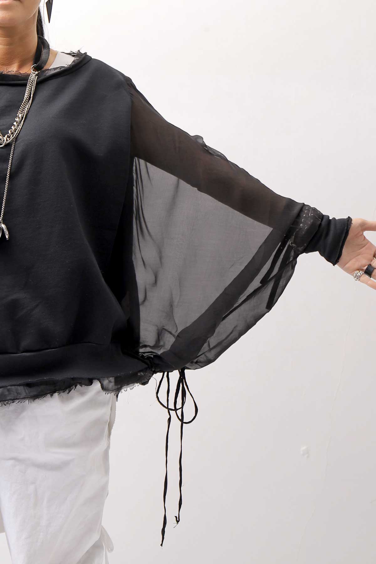 【sanctamuerte】 COTTON SWEAT & SILK CHIFFON SLEEVE TOP SM71_BLACK