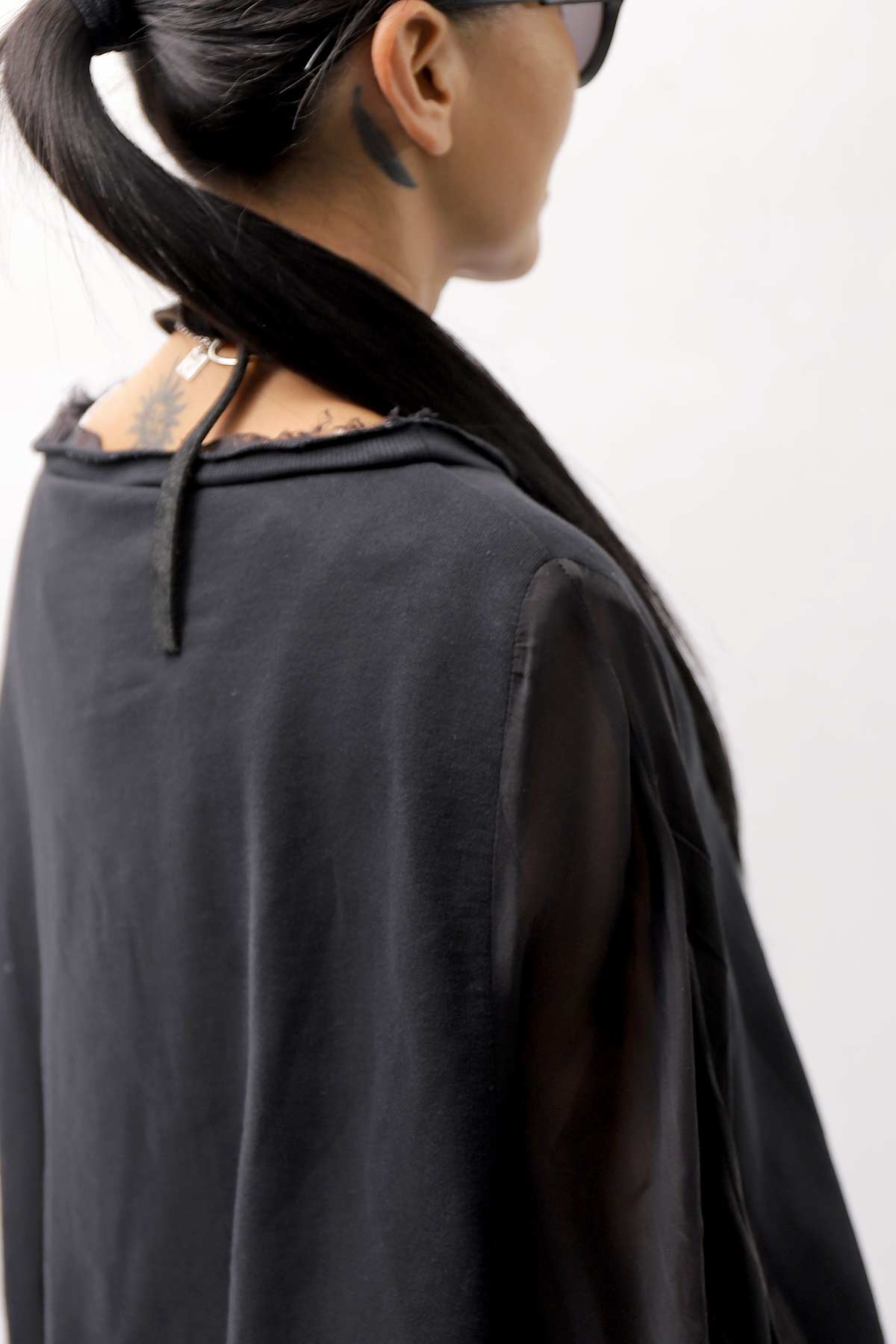 【sanctamuerte】 COTTON SWEAT & SILK CHIFFON SLEEVE TOP SM71_BLACK