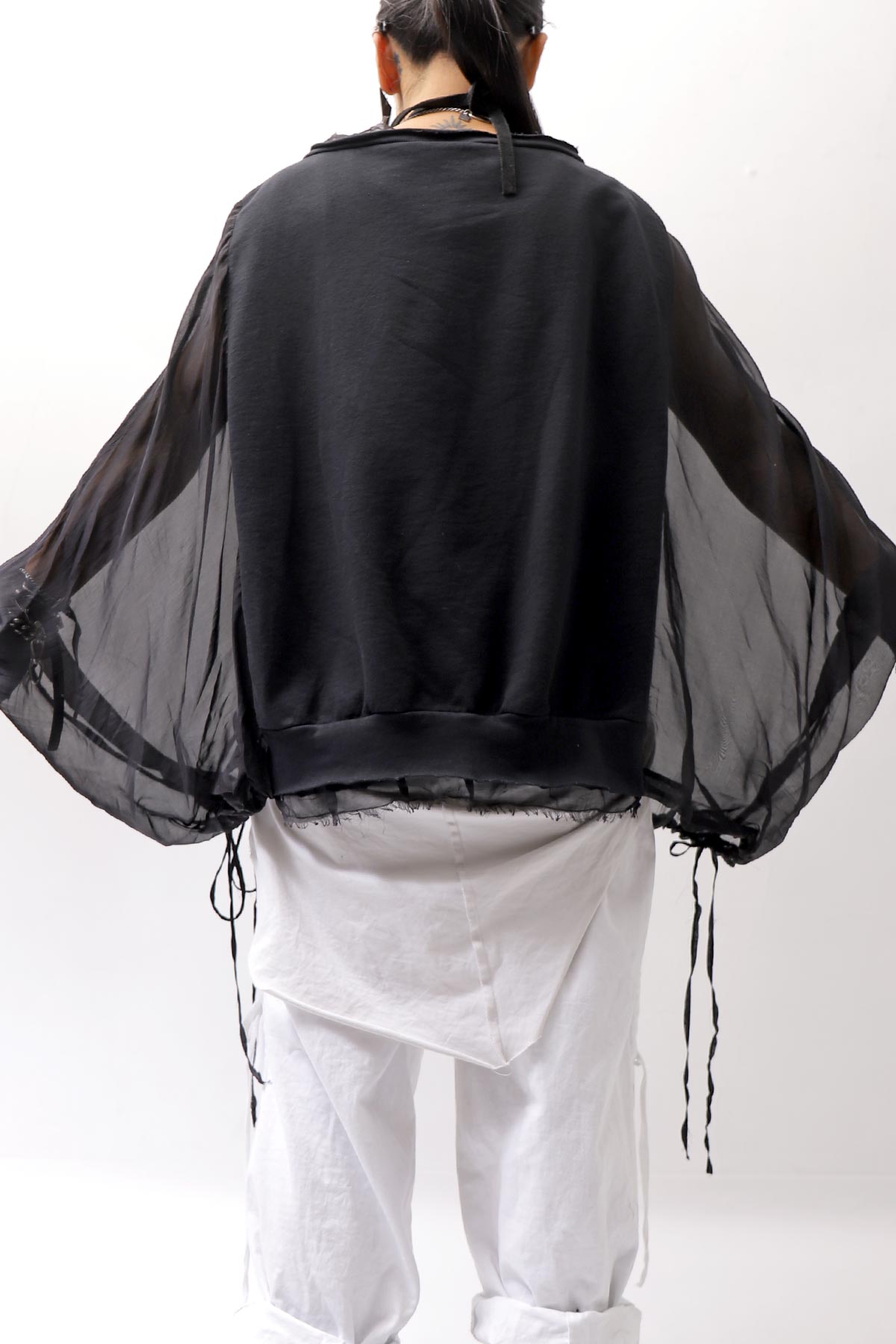 【sanctamuerte】 COTTON SWEAT & SILK CHIFFON SLEEVE TOP SM71_BLACK