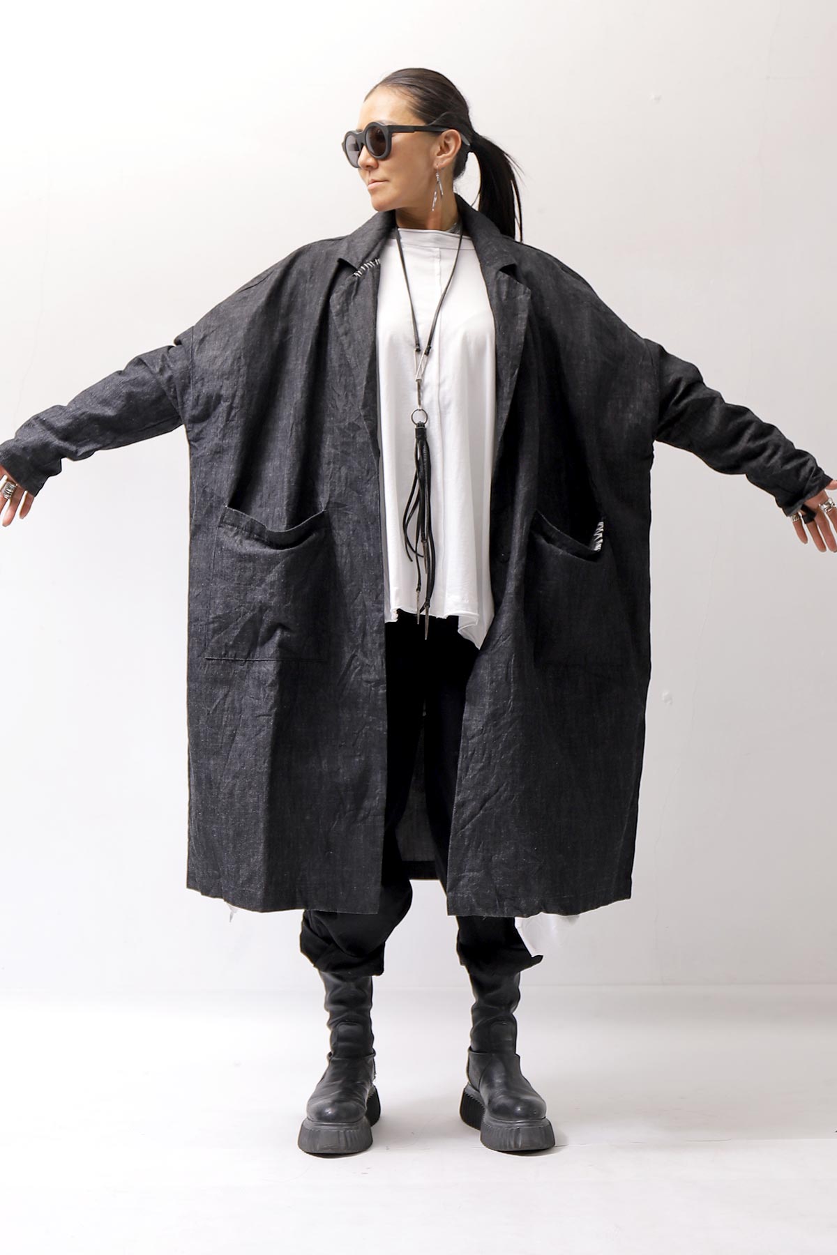 【studio b3】 UNISEX OVERSIZED LONG CARDIGAN SHIRT CB1298_GRAPHITE BLACK