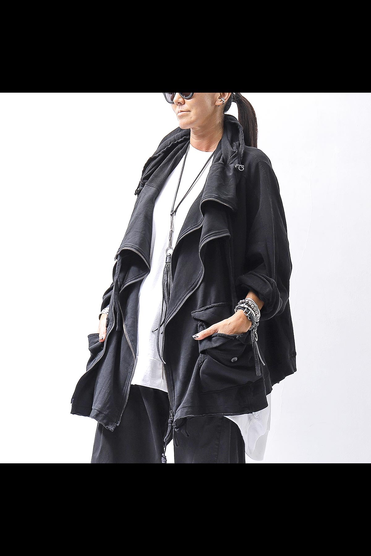 【RUNDHOLZ】 UNISEX DOUBLE LAYERED RELAX FIT ZIP-UP HOODIE_BLACK