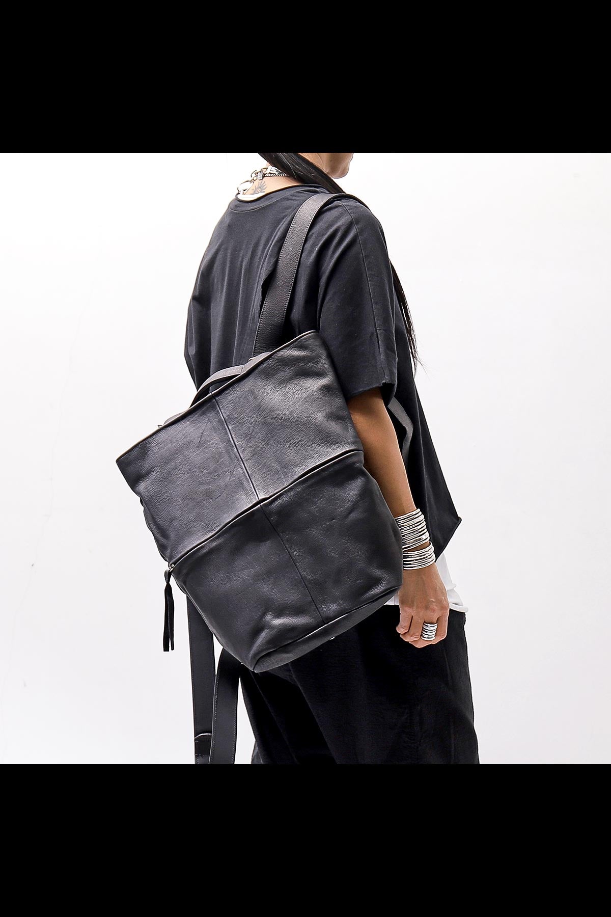【MIRANDA KALOUDIS】 UNISEX 2WAY WAXED COWHIDE REGULAR BAG_BLACK