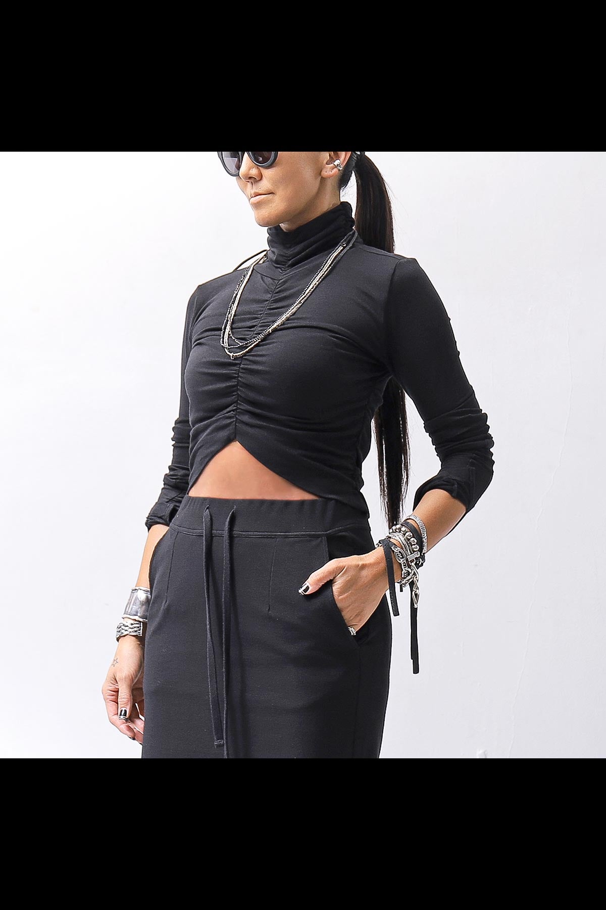 【thom/krom】COTTON MODAL GATHER SHORT TOP WTS601_BLACK