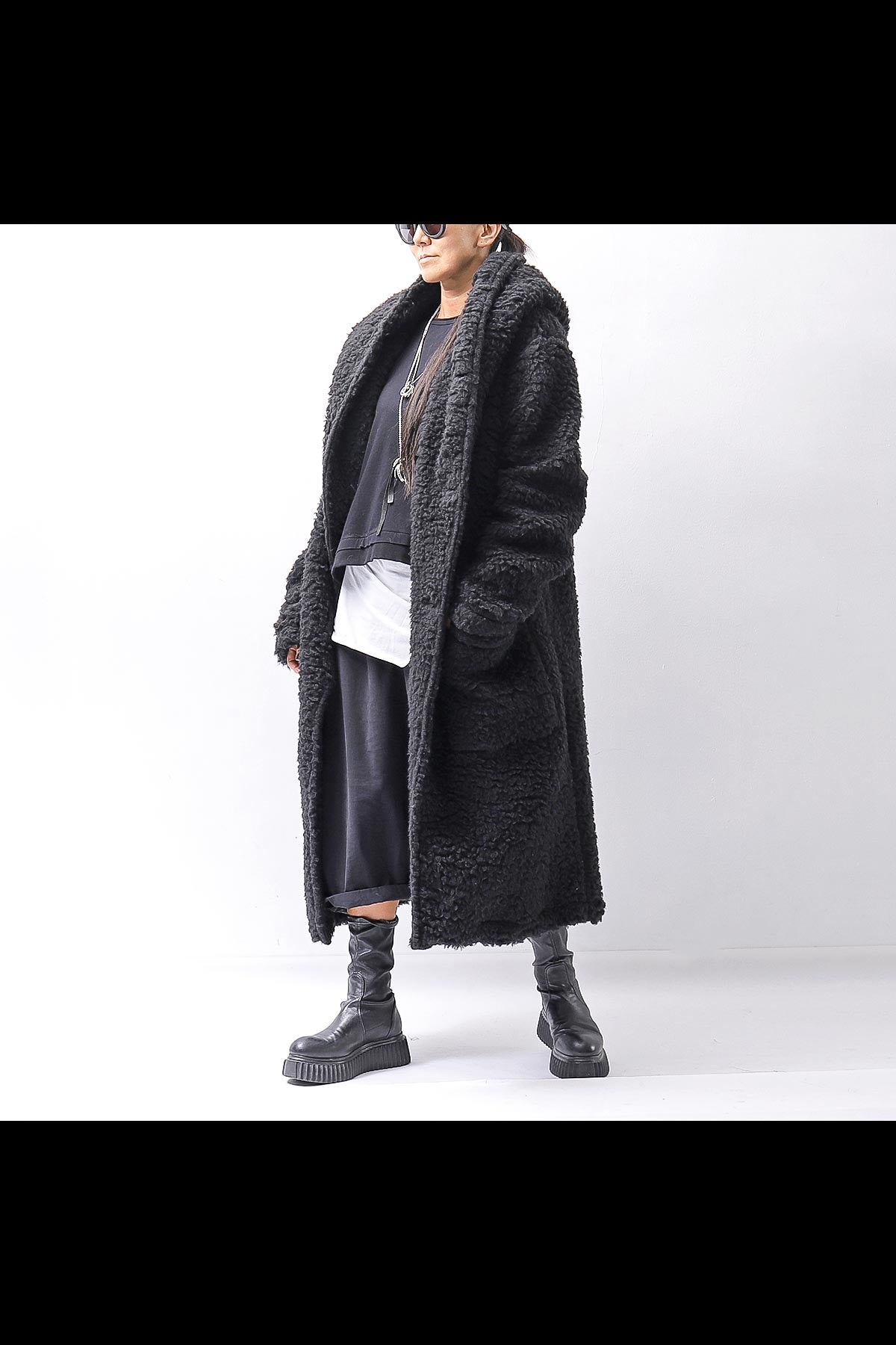【NOSTRASANTISSIMA】 UNISEX VIRGIN BOA KNIT HOODED COAT_BLACK
