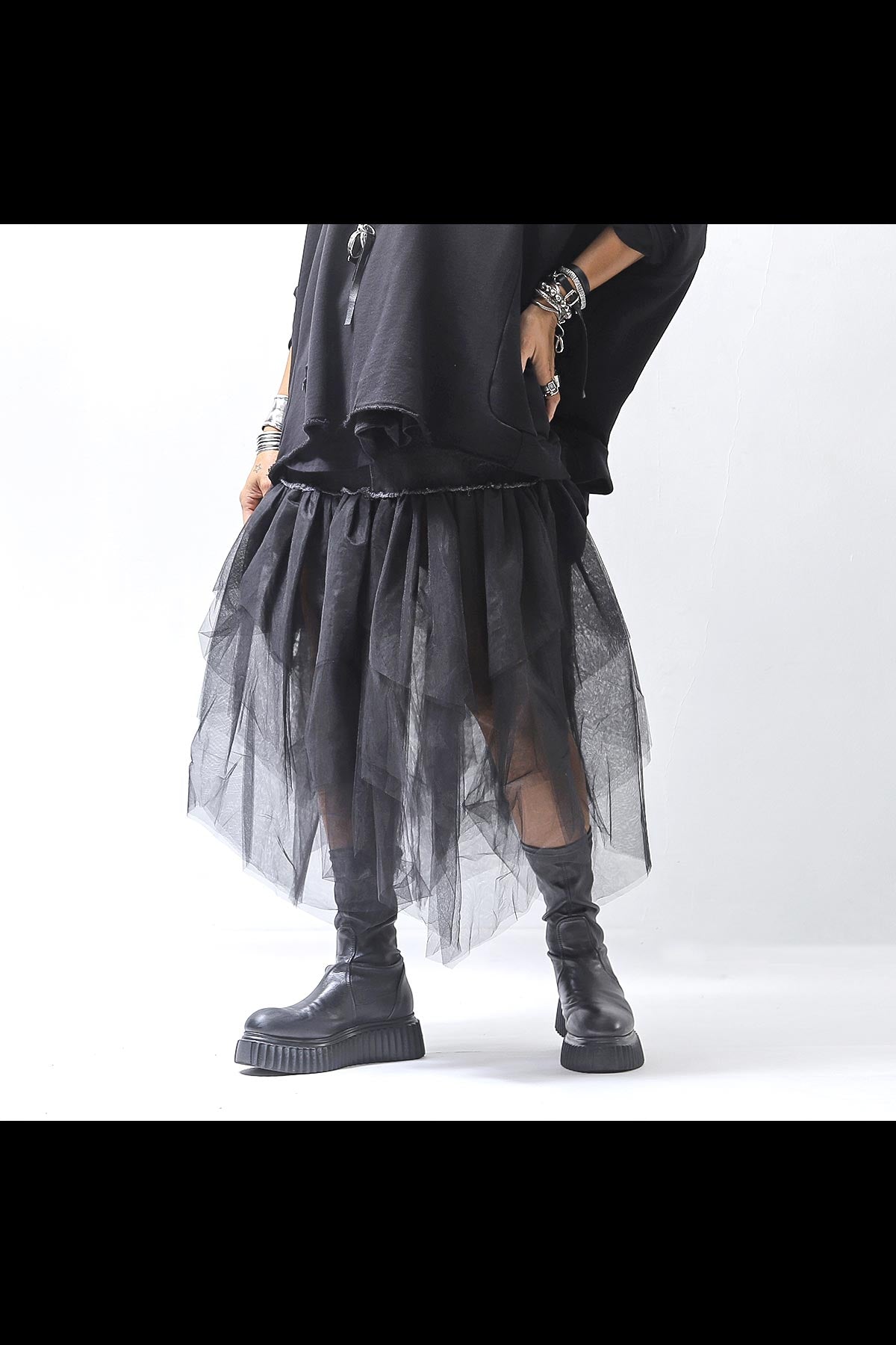 【PLÜ】 TULLE DENIM SKIRT PL10_BLACK