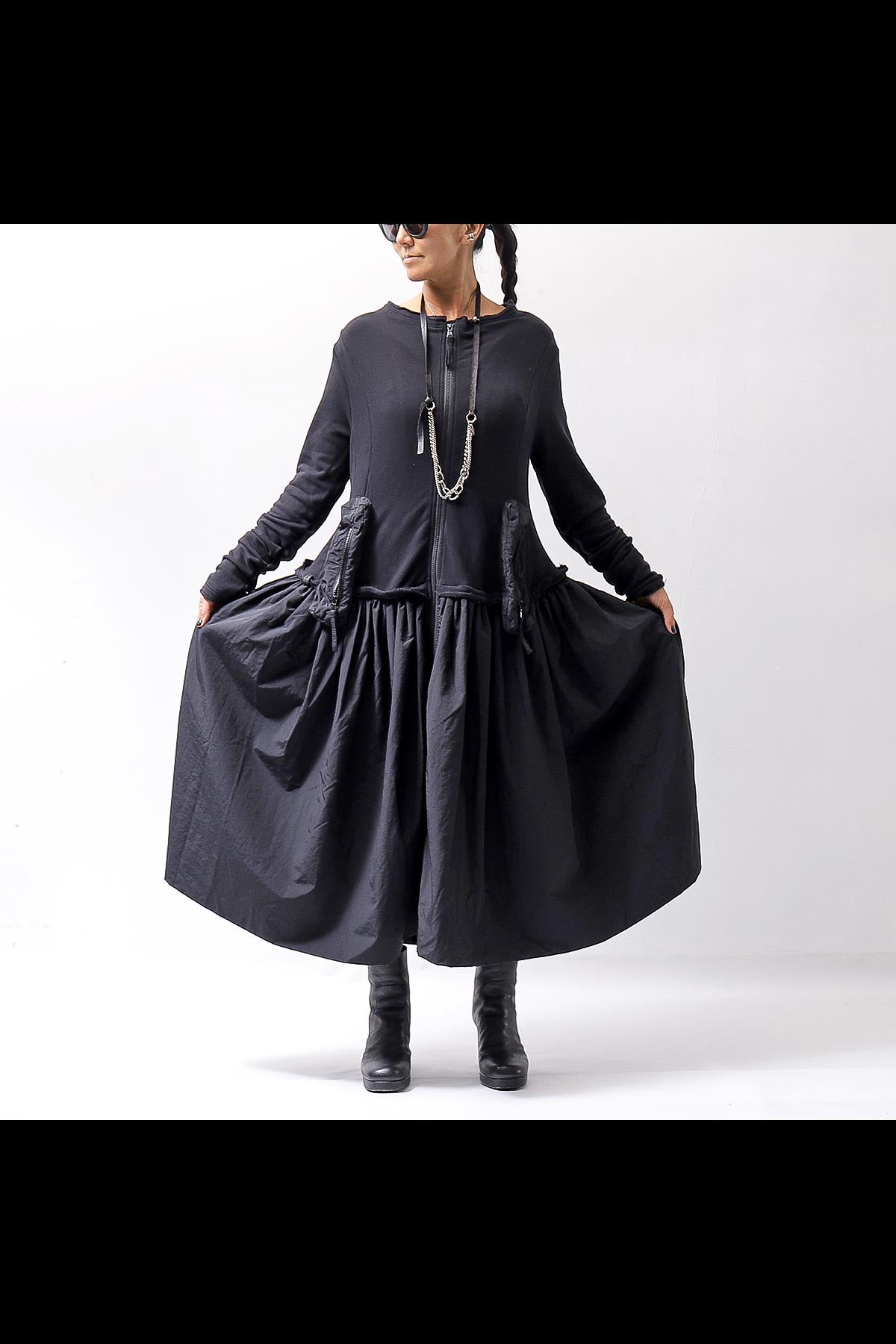 【RUNDHOLZ】 2WAY LIGHT SWEAT&NYLON LONG CARDIGAN DRESS 351 0924_BLACK