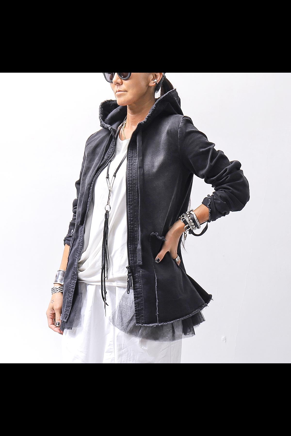 【PLÜ】 SUPER STRETCH COTTON DENIM HOODIE TULLE JACKET PL19_BLACK WASH