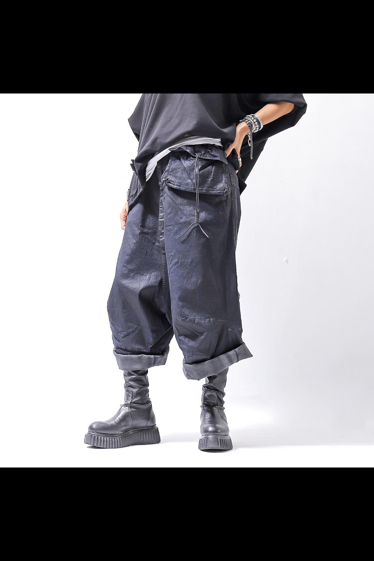 【RUNDHOLZ】 DENIM GLOSS WIDE SARRUEL PANTS 206_INDIGO BLACK GLOSS