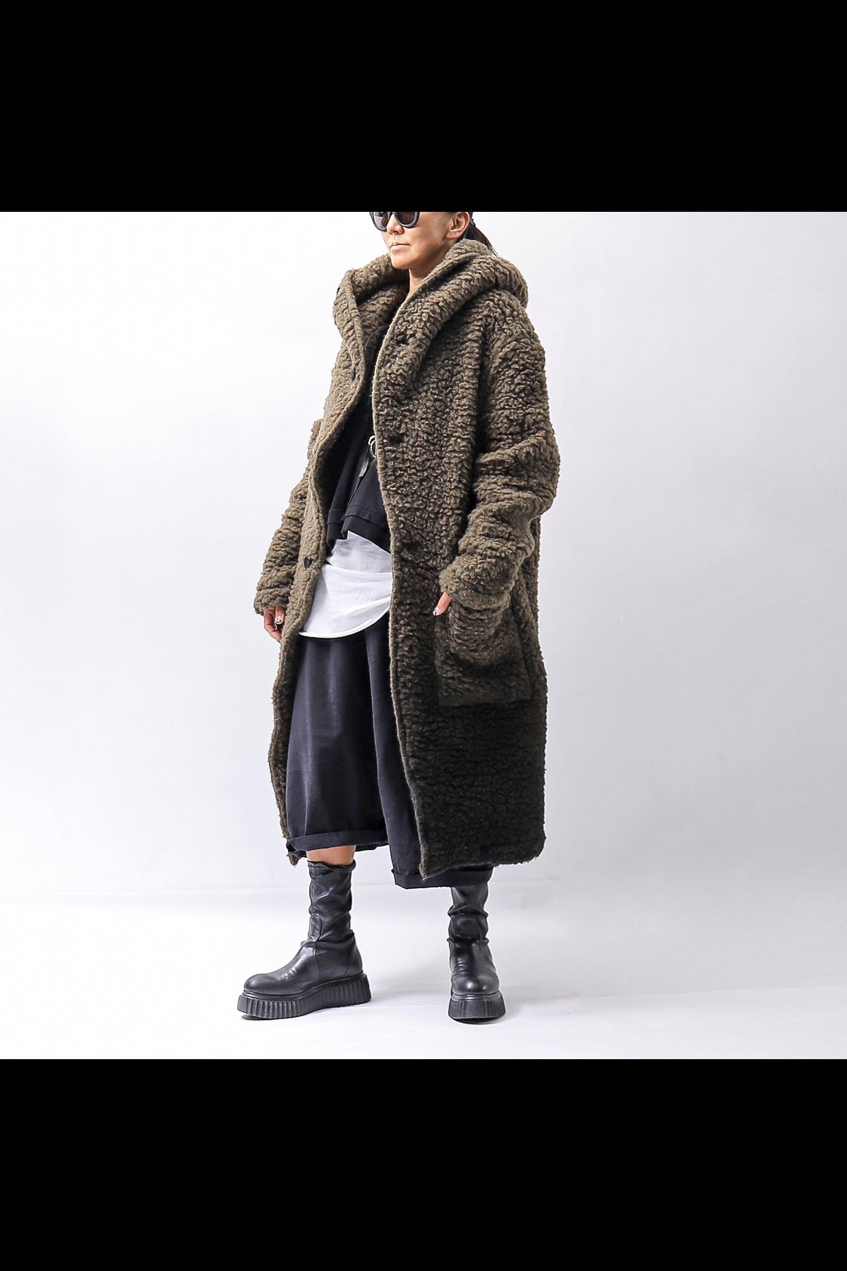 【NOSTRASANTISSIMA】 UNISEX VIRGIN BOA KNIT HOODED COAT_KHAKI BROWN