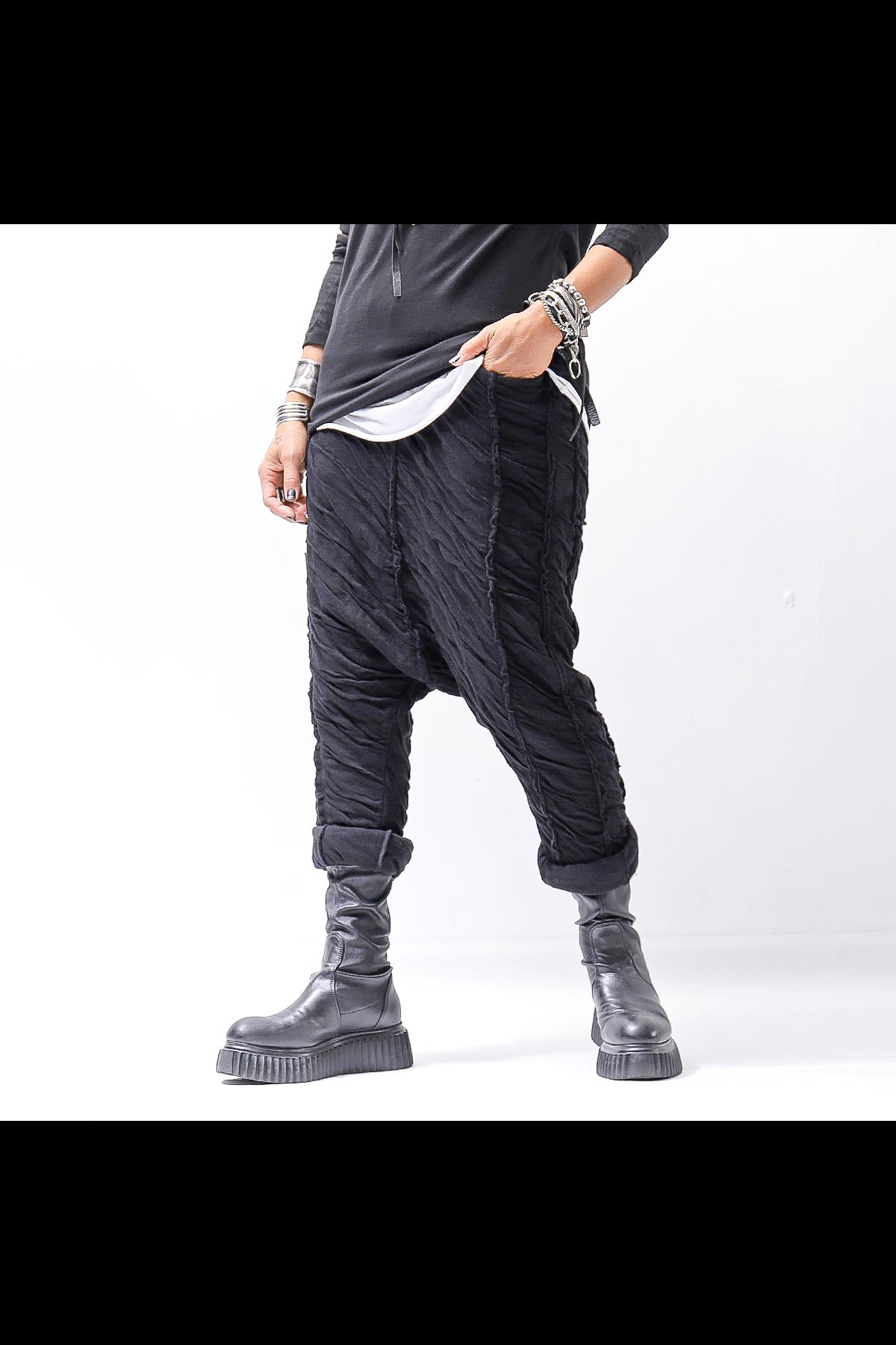 【studio b3】 UNISEX CRINKLED SOFT COTTON PANTS RBB1972_BLACK