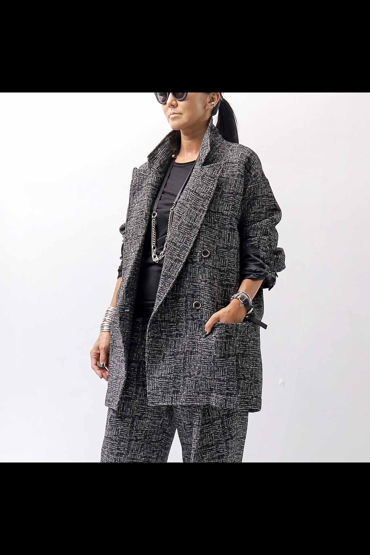 【NOSTRASANTISSIMA】 UNISEX OVERSIZED TWEED DOUBLE BUTTON JACKET J116_TWEED BLACK
