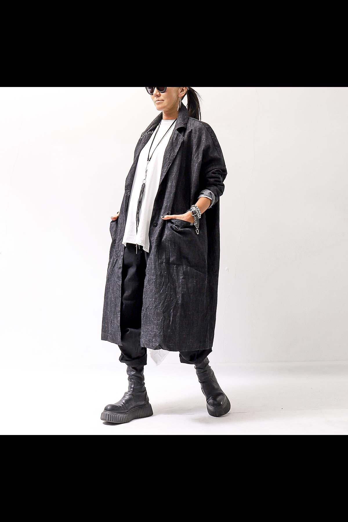 【studio b3】 UNISEX OVERSIZED LONG CARDIGAN SHIRT CB1298_GRAPHITE BLACK