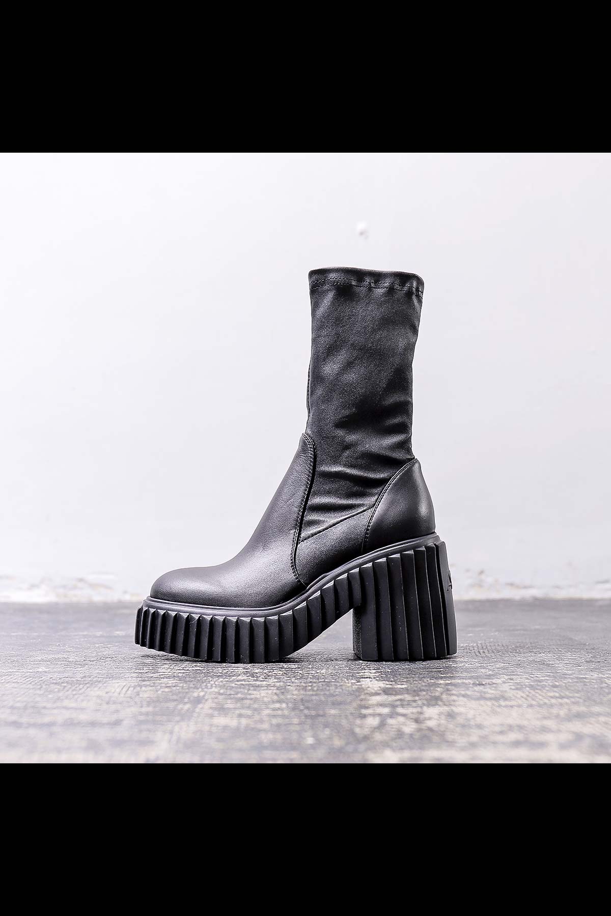 【AGL】 STRETCH LEATHER HEEL BOOTS MIDI HEEL STRETCH_BLACK