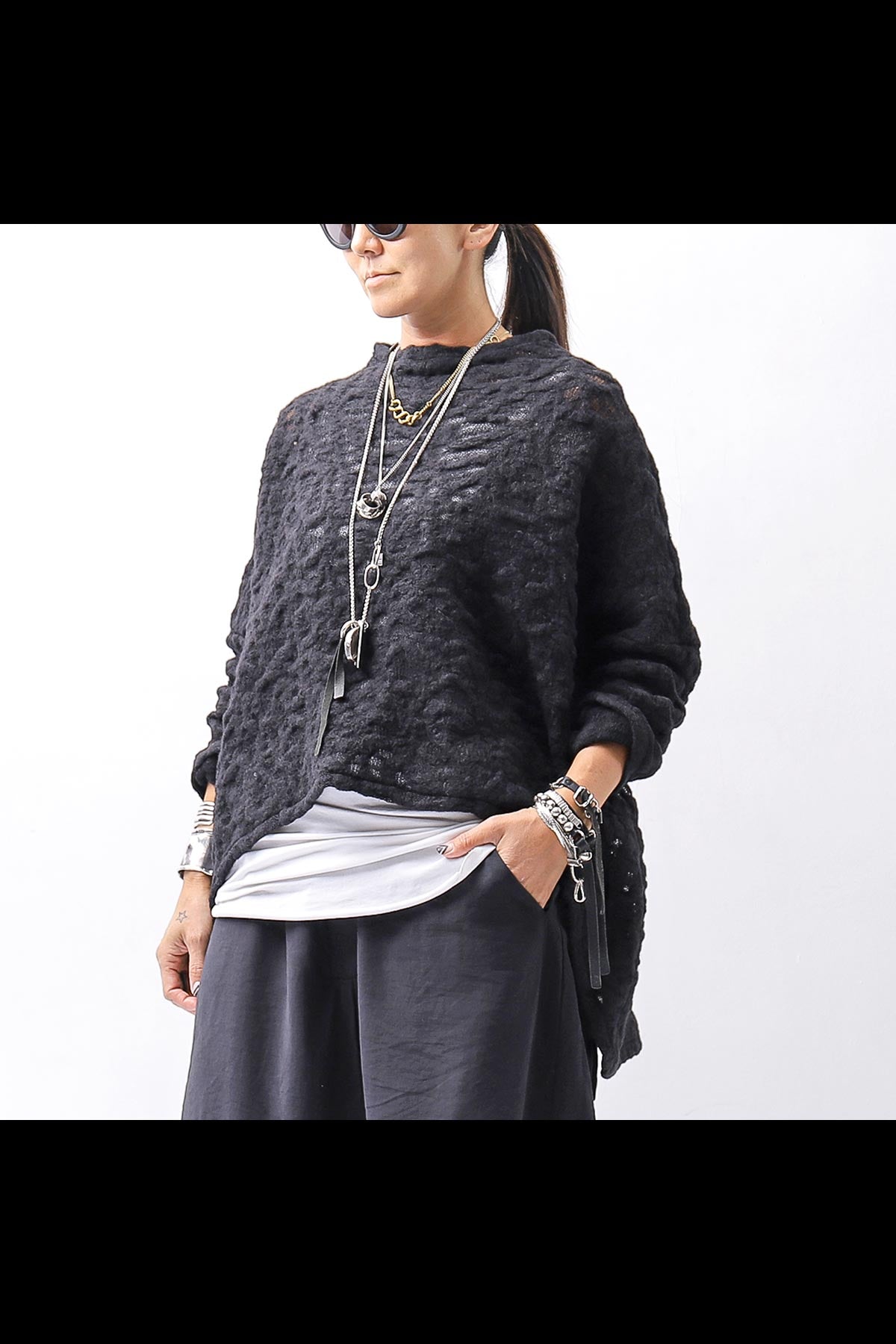 【NOSTRASANTISSIMA】 ASYMMETRY JACQUARD KNIT TOP M114_BLACK